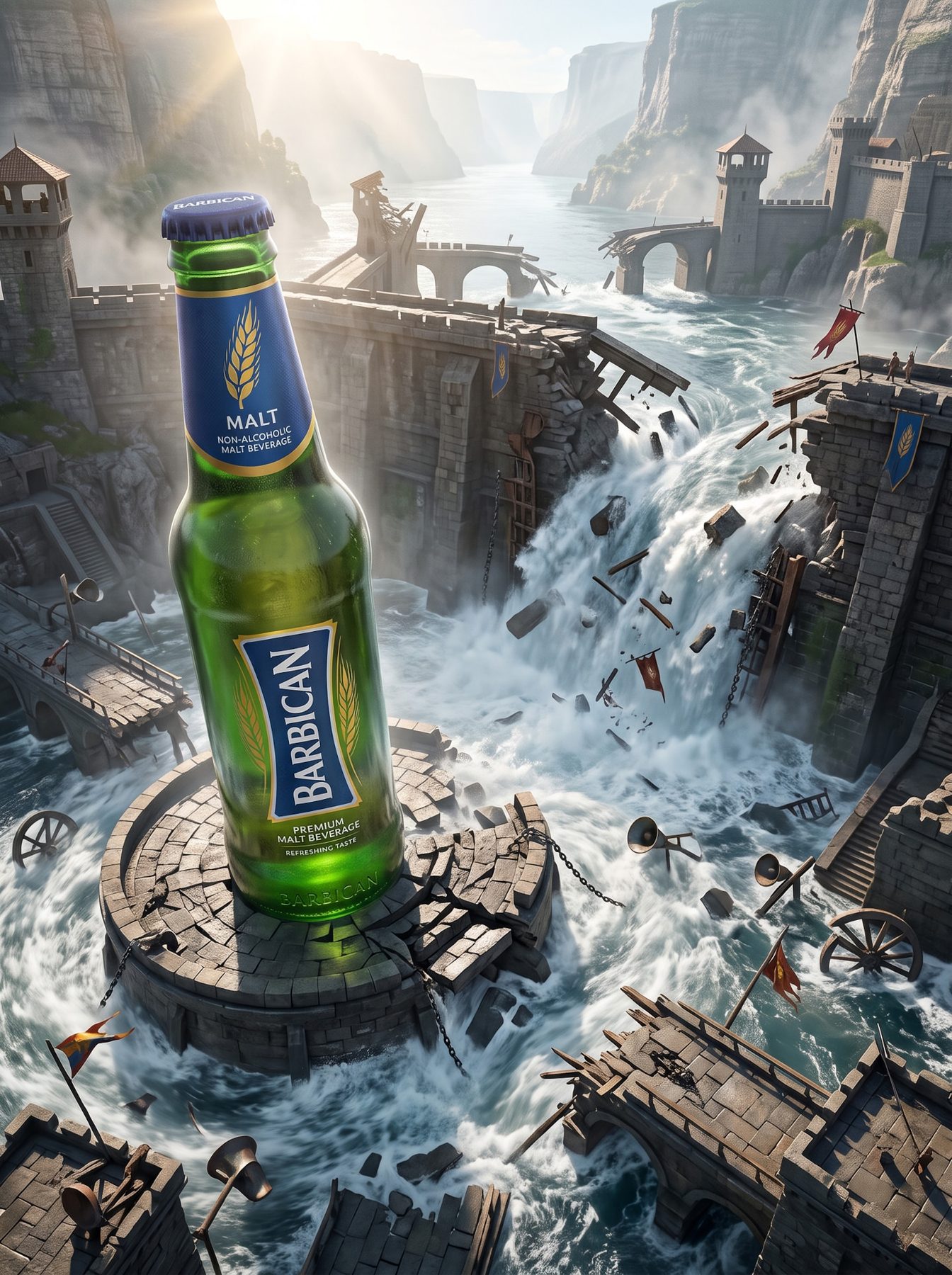 Green malt beverage bottle above a collapsing fortress and waterfalls, created with an AI Prompt for ChatGPT and Gemini.