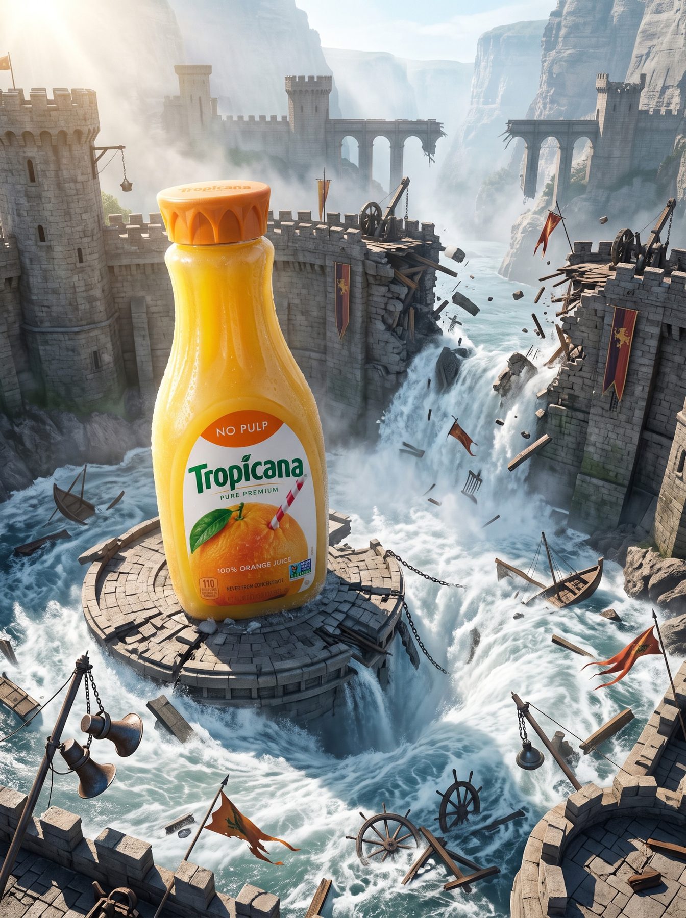Tropicana orange juice bottle above a collapsing castle and waterfalls, generated with a ChatGPT and Gemini AI Prompt.