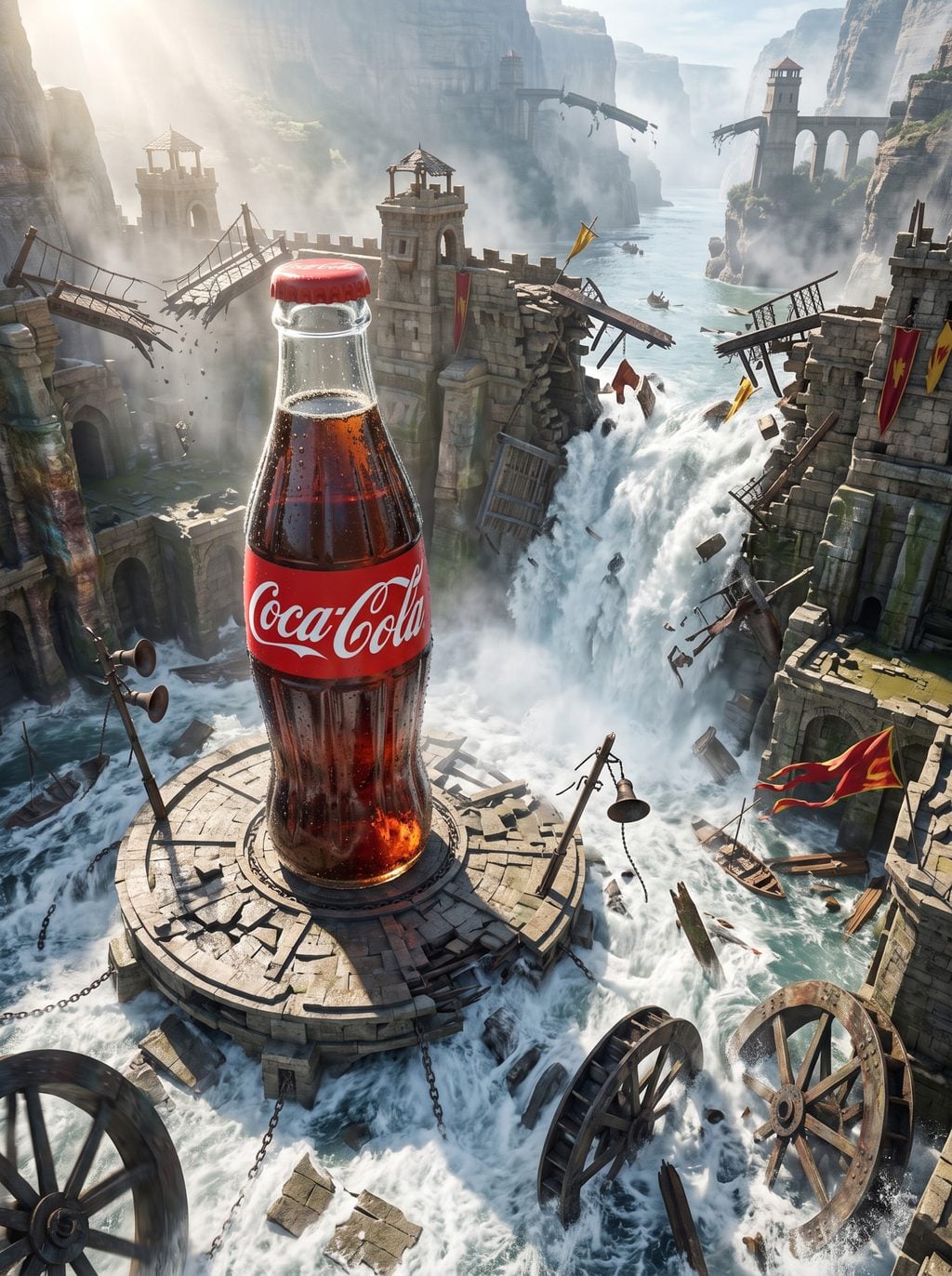 Coca-Cola bottle towers over a collapsing seaside fortress and raging falls, generated with a ChatGPT and Gemini AI Prompt.