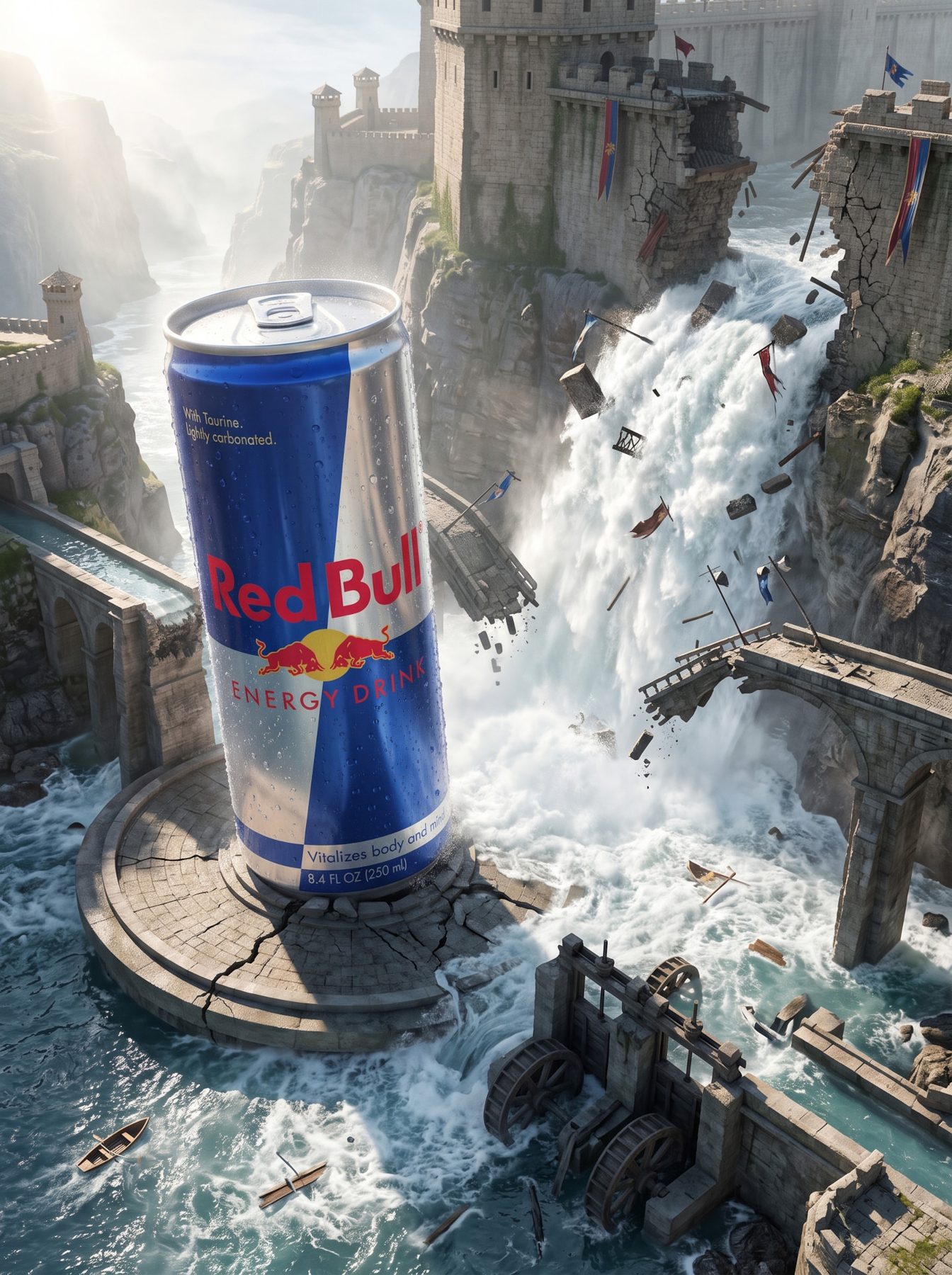 Red Bull can towers over a collapsing fortress and raging waterfall, generated with an AI Prompt for ChatGPT and Gemini.