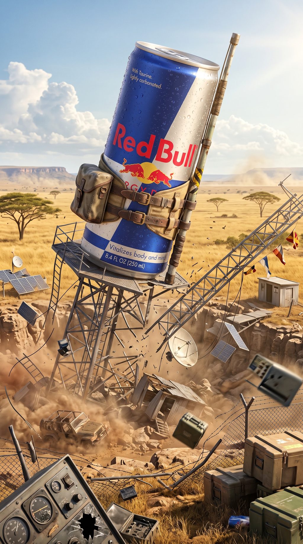 Energy drink can towers over a collapsing desert communications site, generated with an AI Prompt for ChatGPT and Gemini.