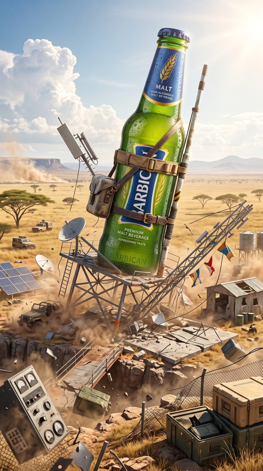 Collapsing green malt beverage bottle towers over a desert communications site in an AI Prompt made for ChatGPT and Gemini.