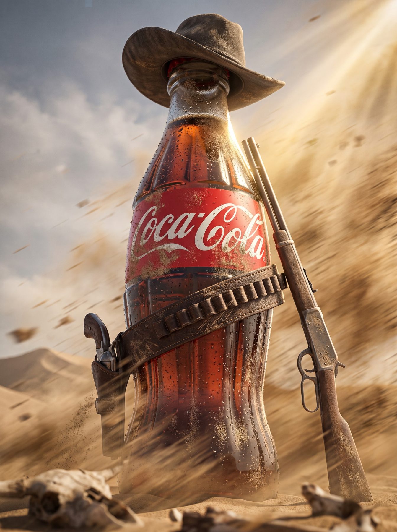Cowboy hat and rifle frame a Coca-Cola bottle in a windswept desert, generated with an AI Prompt for ChatGPT and Gemini.