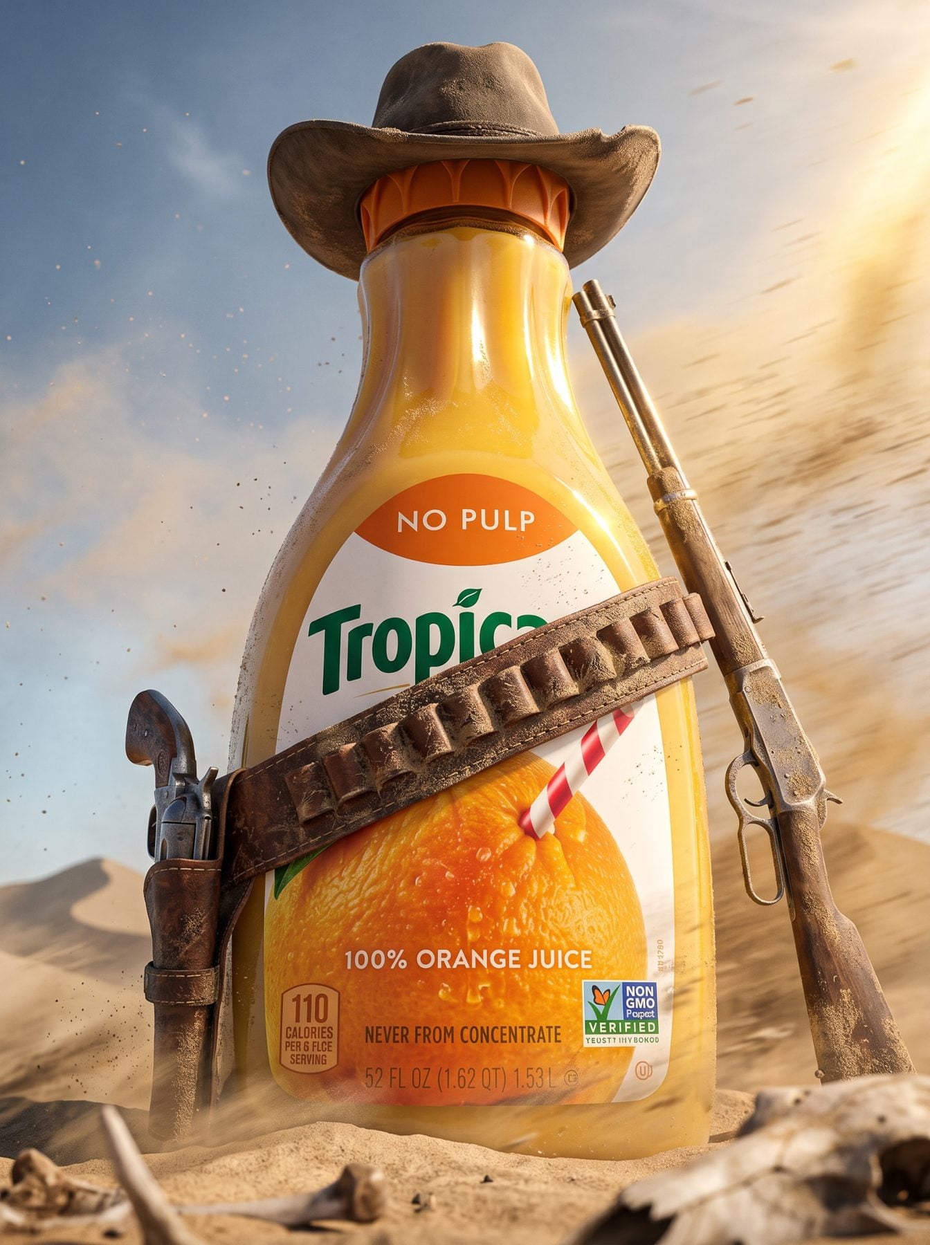 Cowboy-themed orange juice bottle with hat, holster, and rifle in a storm, generated with a ChatGPT and Gemini AI Prompt.