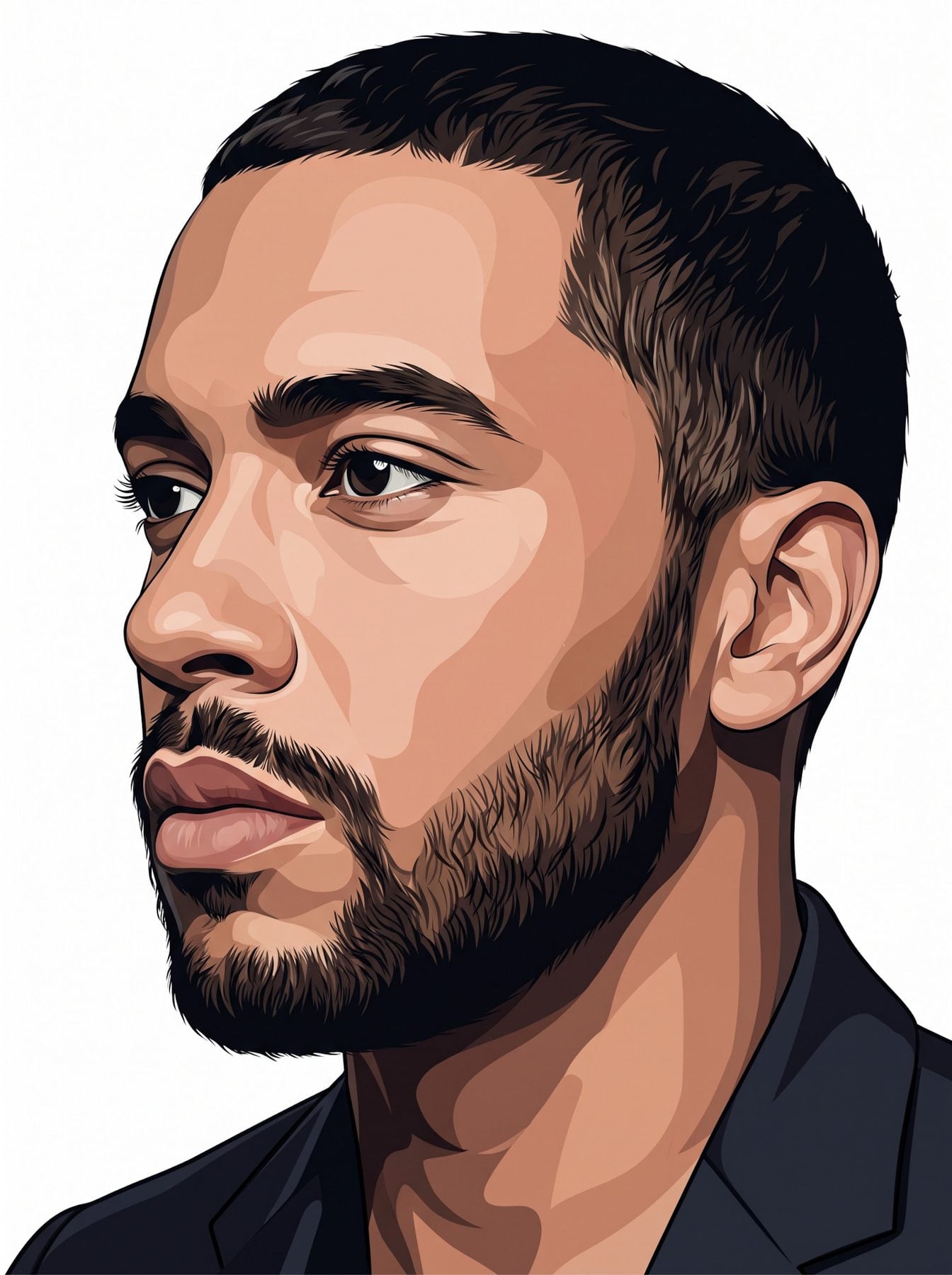 Detailed vector portrait of a bearded man with dark hair on white, generated using our ChatGPT and Gemini AI Prompt.