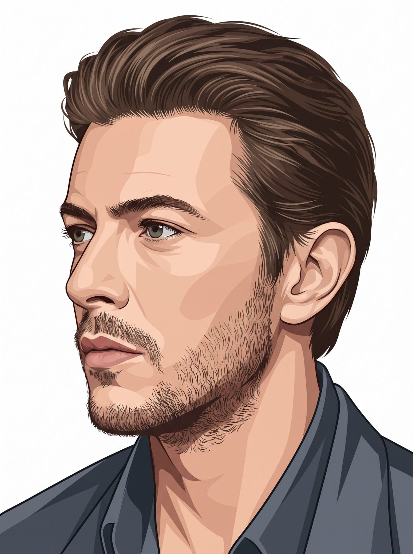 Vector portrait of a bearded man with swept dark hair, in bold clean style, created using a ChatGPT and Gemini AI Prompt.