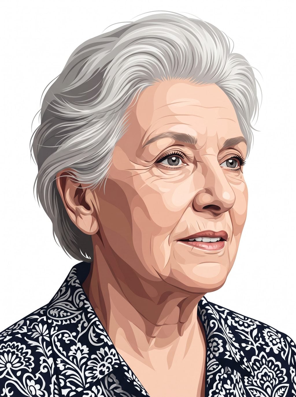 Smiling woman with swept gray hair and floral clothing, a vector portrait made using ChatGPT and Gemini AI Prompt.