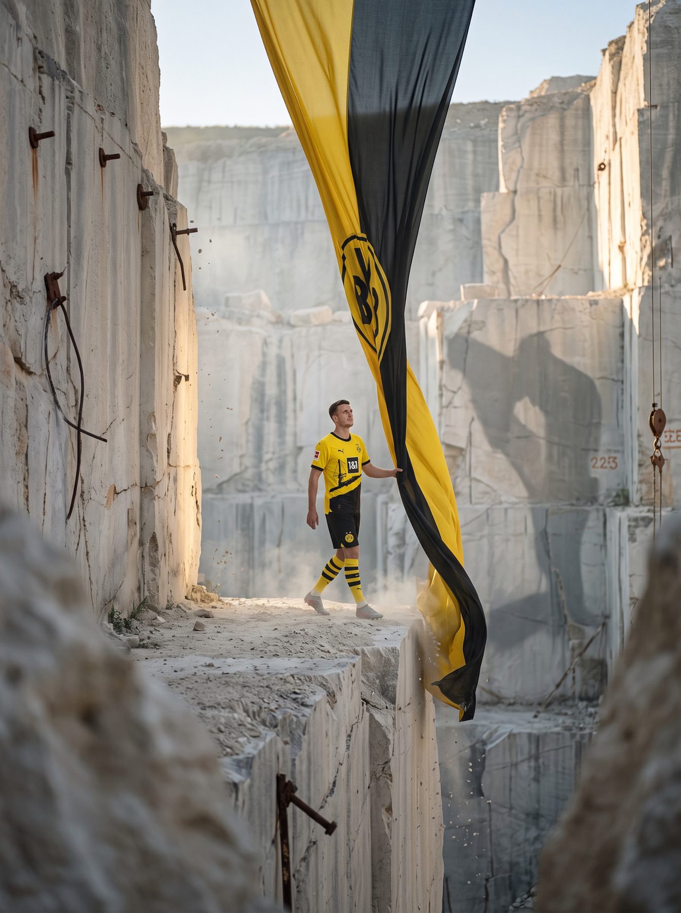 Yellow-kit soccer player walks through a quarry cliffscape beside a black-and-yellow flag, AI Prompt for ChatGPT and Gemini.