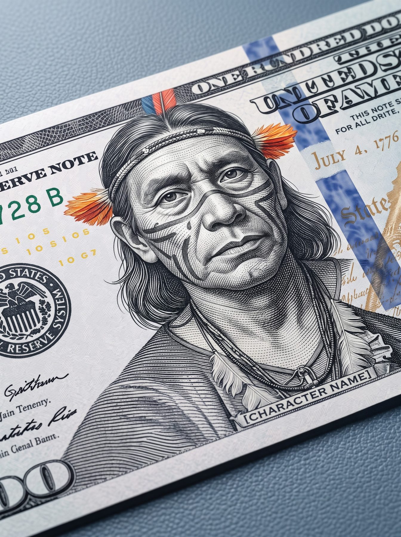Detailed engraved portrait on a tilted hundred-dollar banknote, created with an AI Prompt for ChatGPT and Gemini.