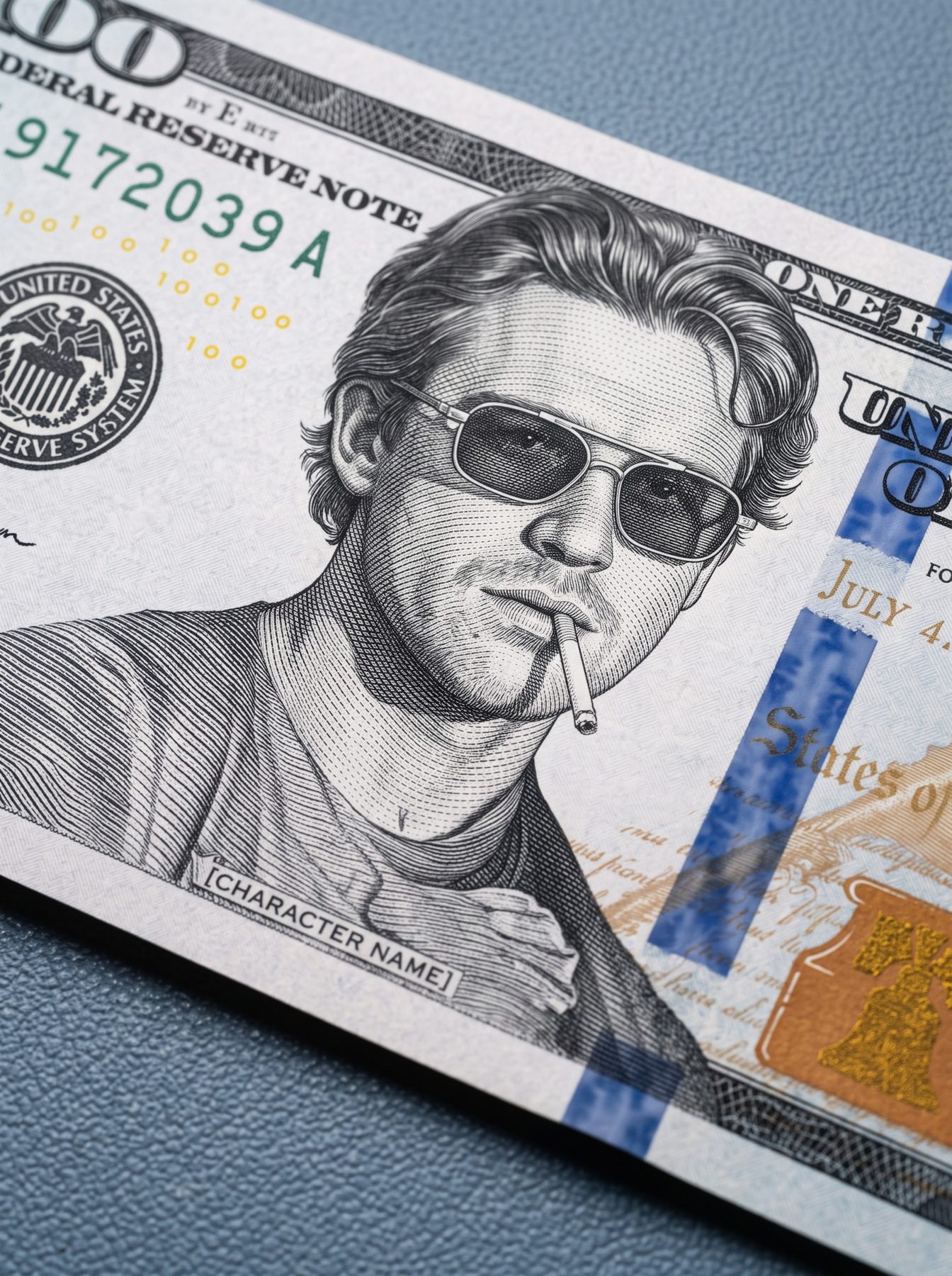 Engraved Franklin portrait with sunglasses on a tilted hundred-dollar banknote, created using a ChatGPT and Gemini AI Prompt.