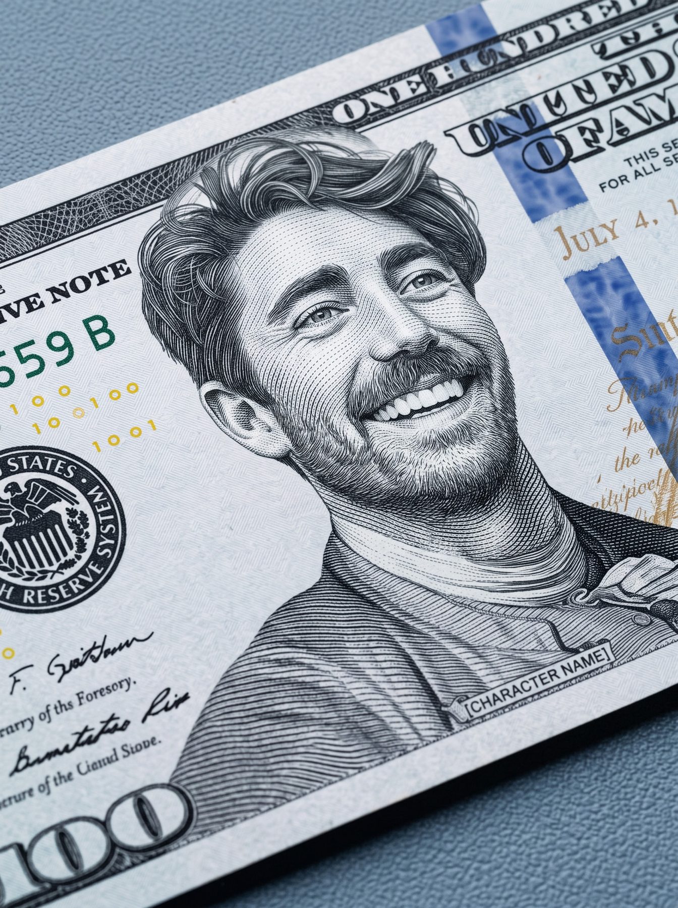 Engraved line-art Franklin portrait on a tilted hundred-dollar bill, created using a ChatGPT and Gemini AI Prompt.