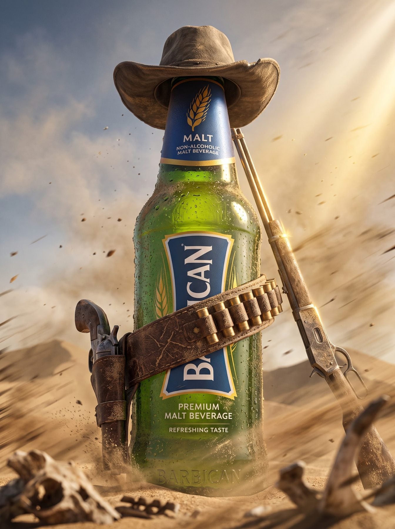 Green malt beverage bottle in a cowboy hat amid a dusty sandstorm, created with an AI Prompt for ChatGPT and Gemini.