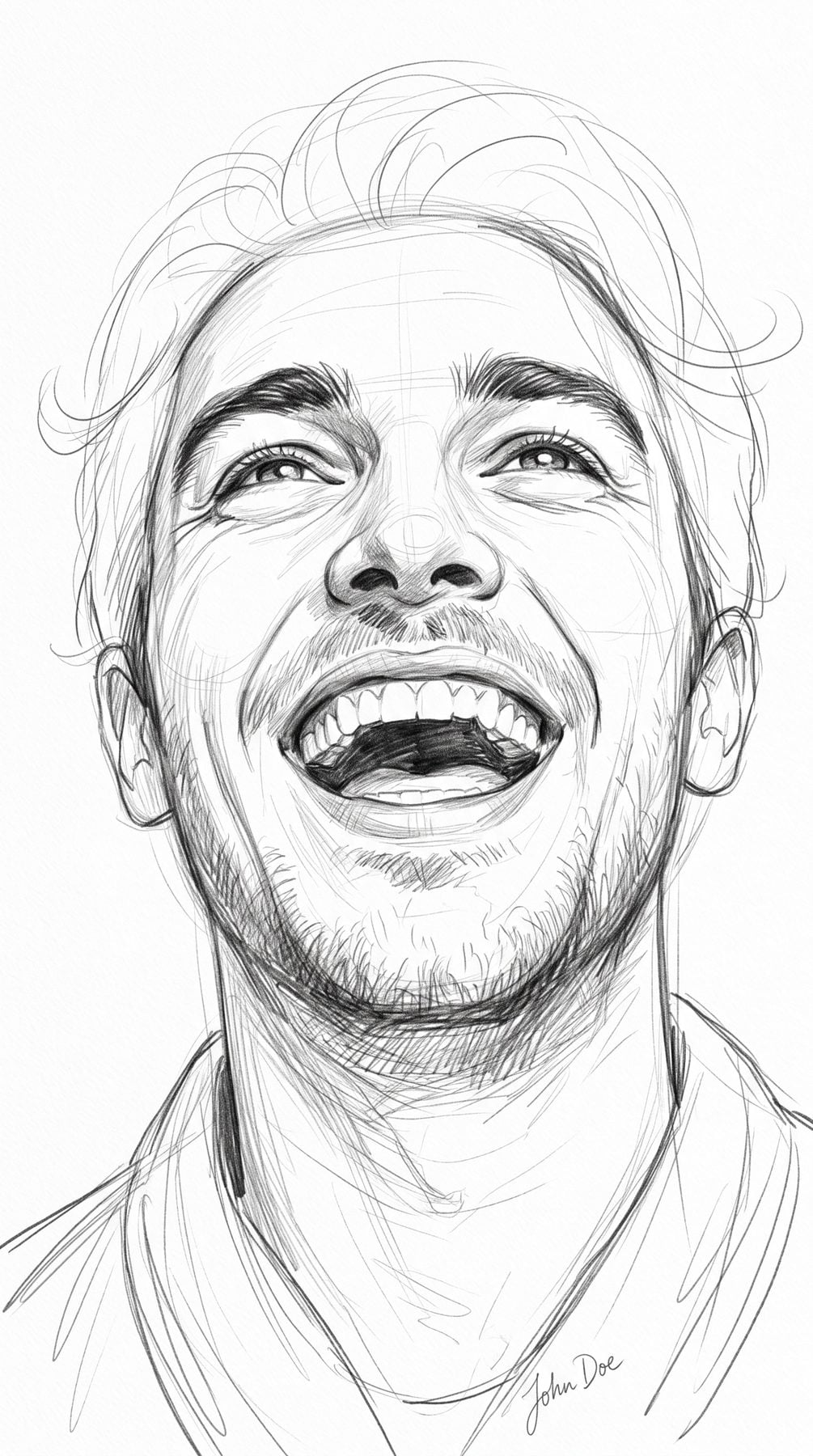 Expressive laughing bearded man portrait in loose pencil line art, created with an AI Prompt for ChatGPT and Gemini.