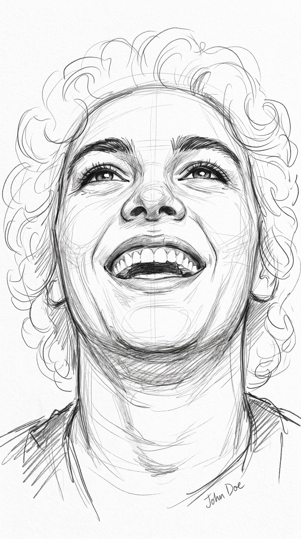 Expressive laughing portrait of a woman with curly hair and open mouth, rendered as a graphite pencil AI Prompt for ChatGPT and Gemini.