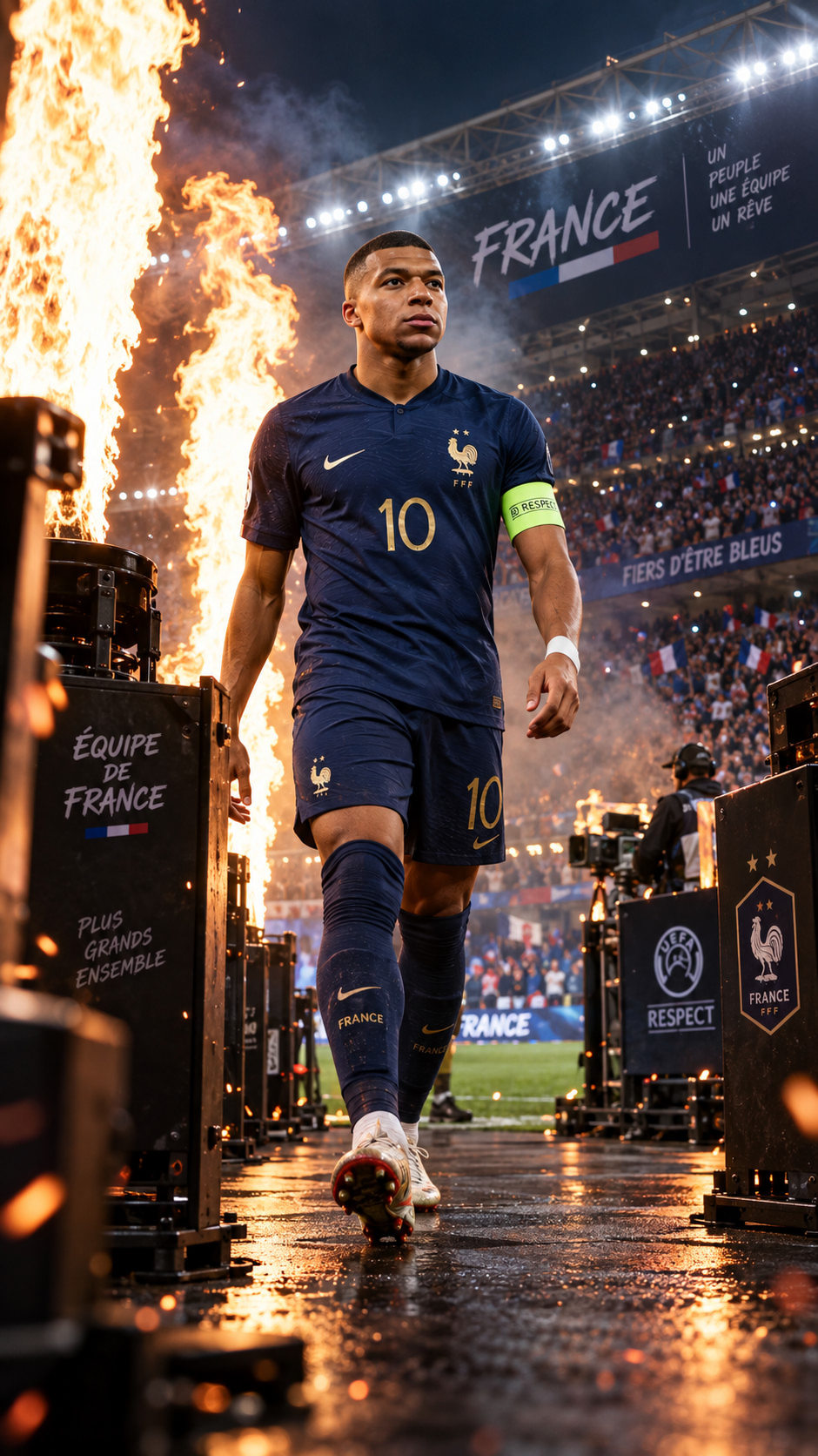 Fiery French soccer player walks through a stadium portrait with flames, generated using an AI Prompt for ChatGPT and Gemini.