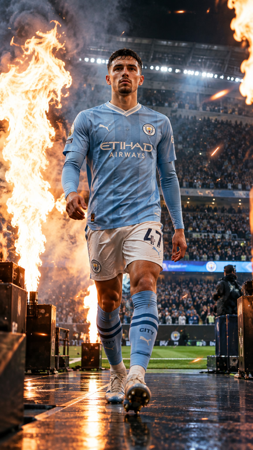 Fiery soccer player strides through a stadium entrance with flames and smoke, created using a ChatGPT and Gemini AI Prompt.