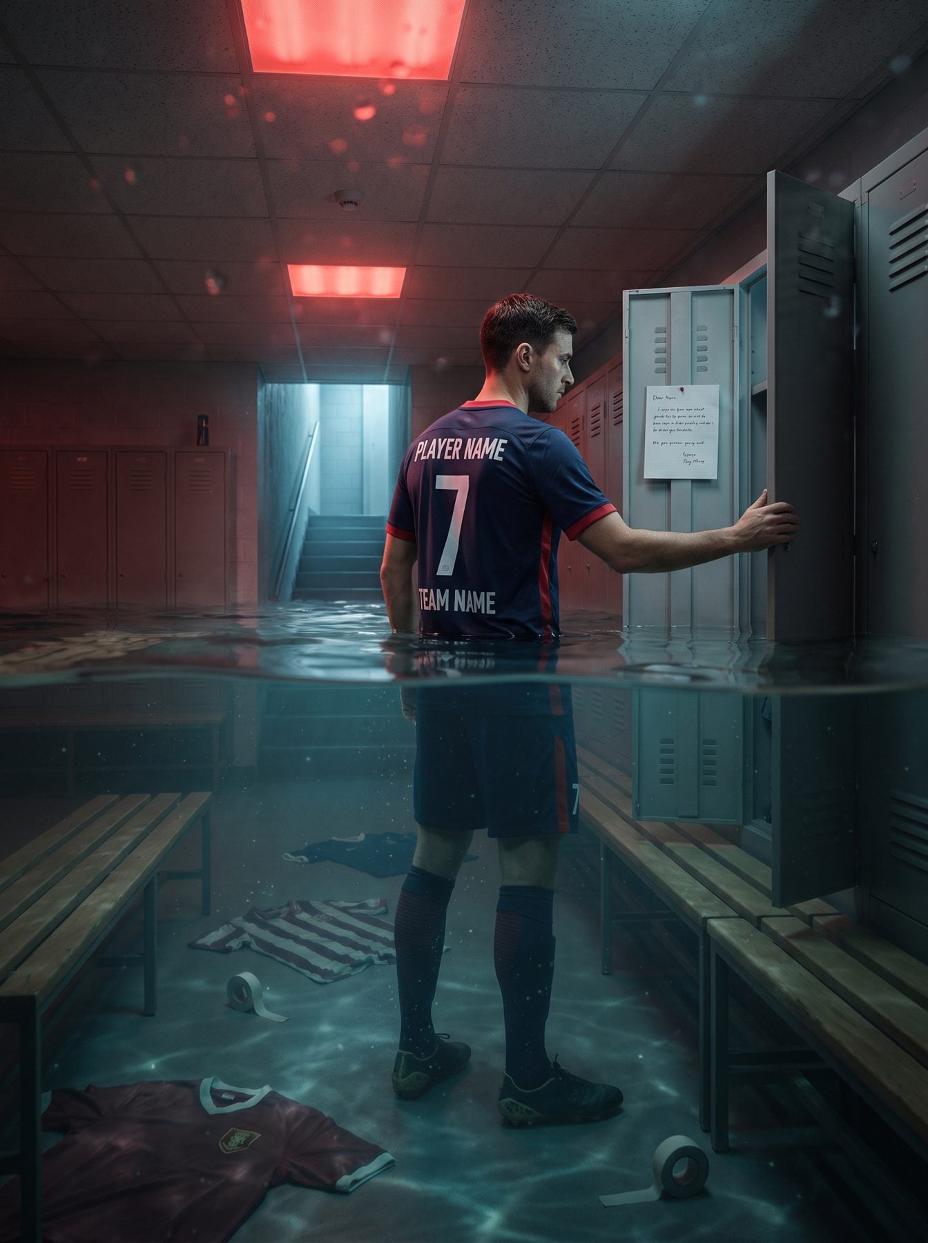 Flooded football locker room with a player, open lockers and cinematic lighting, an AI Prompt for ChatGPT and Gemini.
