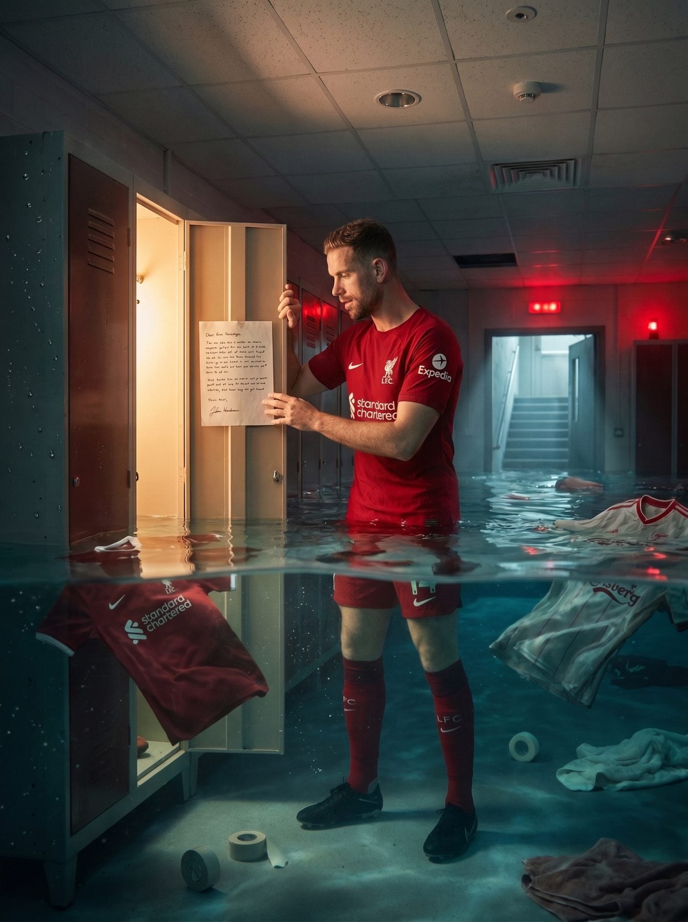 Flooded football locker room with a player holding a letter and floating jerseys, made using ChatGPT and Gemini AI Prompt.