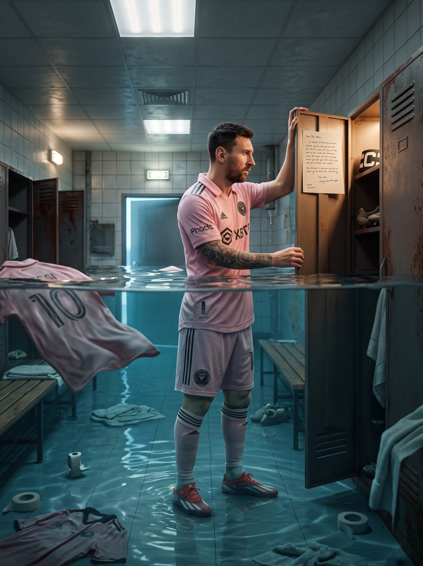 Flooded football locker room with a player opening a locker, reflections, created with an AI Prompt for ChatGPT and Gemini.