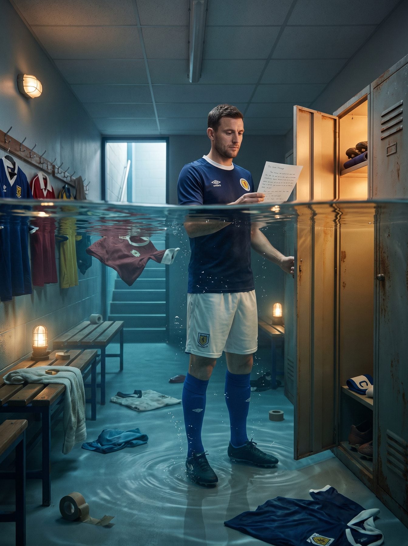 Footballer reads a note in a flooded locker room with cinematic lighting, created with a ChatGPT and Gemini AI Prompt.