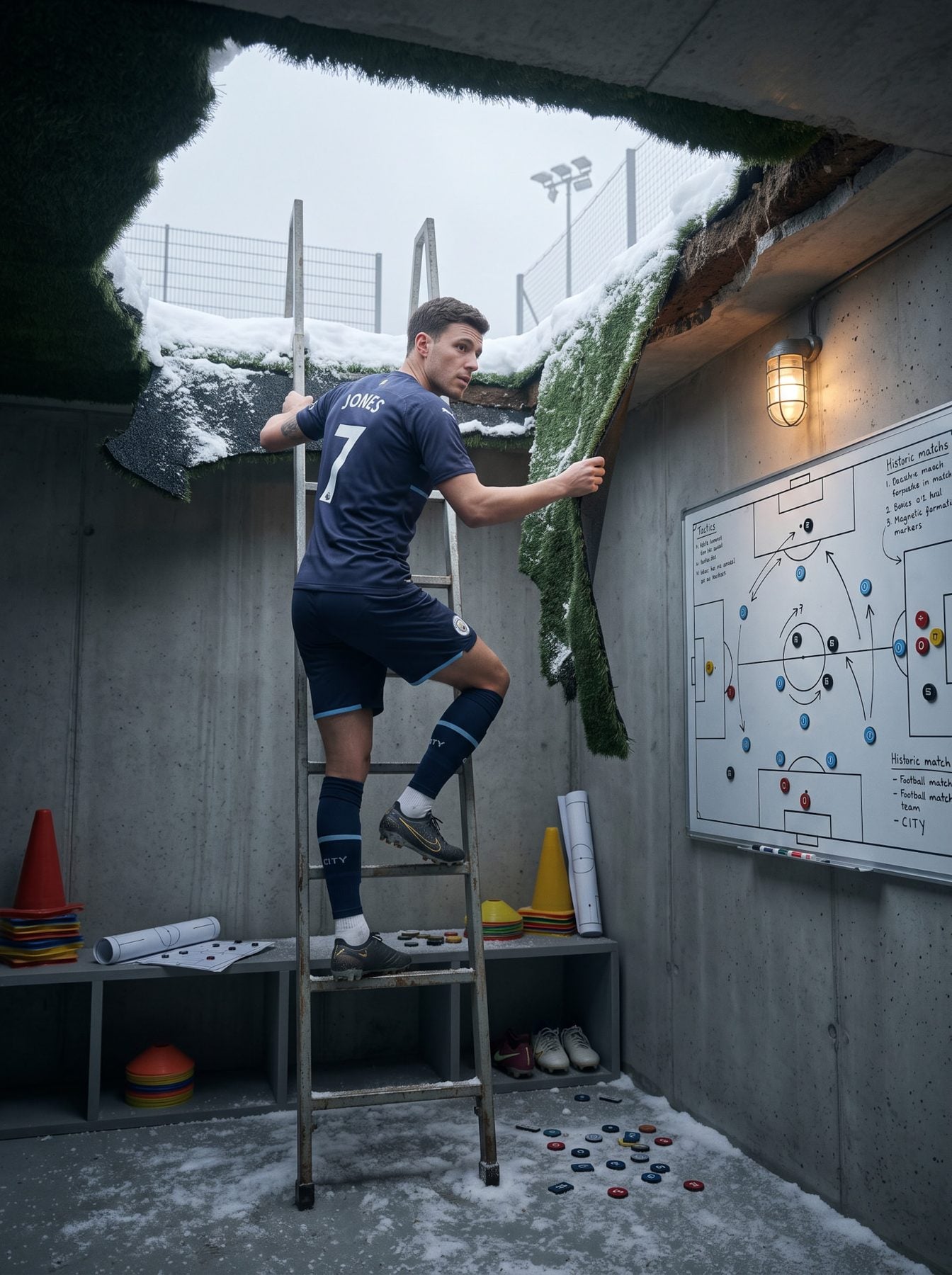 Football athlete climbs a ladder beside a snowy tactical board in a concrete room, generated with ChatGPT and Gemini AI Prompt.
