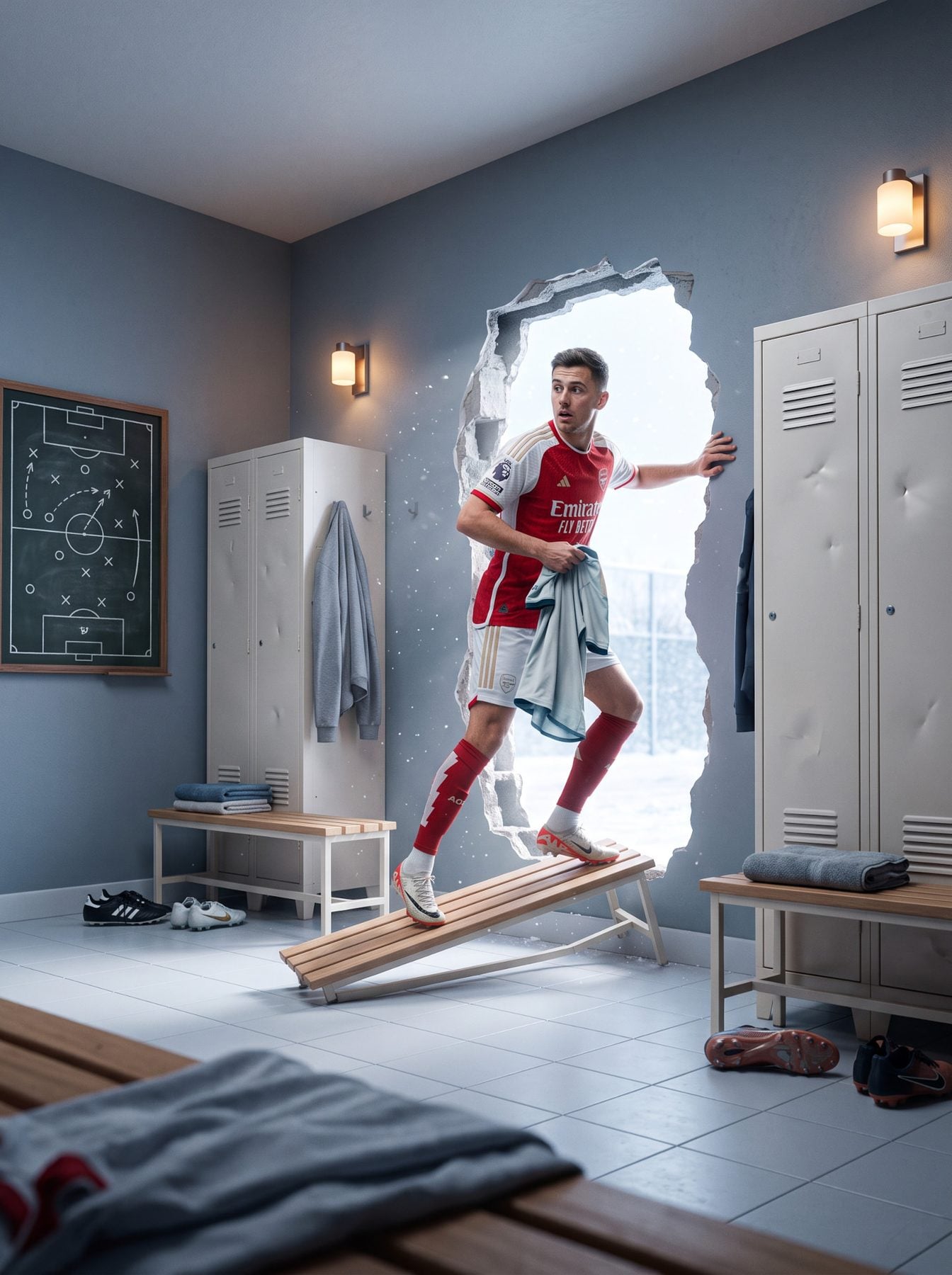 Footballer escapes a locker room through a broken wall carrying a jersey, created with an AI Prompt for ChatGPT and Gemini.