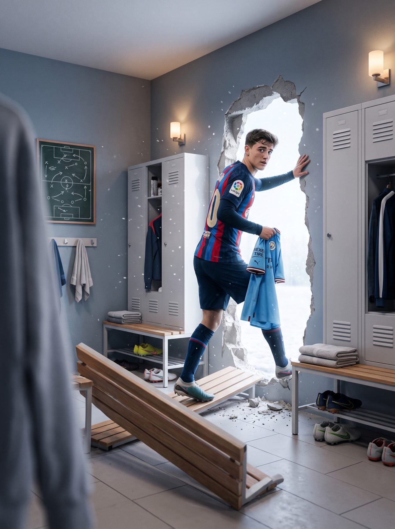 Football player exits locker room through a broken wall carrying a jersey, created with an AI Prompt for ChatGPT and Gemini.