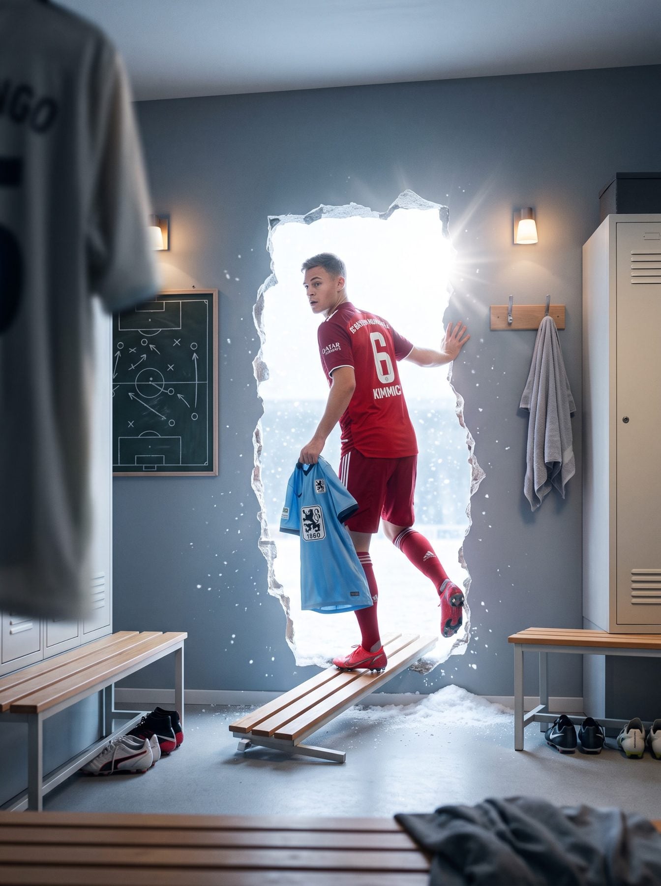 Footballer steps through a broken locker-room wall holding a blue jersey, created with an AI Prompt for ChatGPT and Gemini.