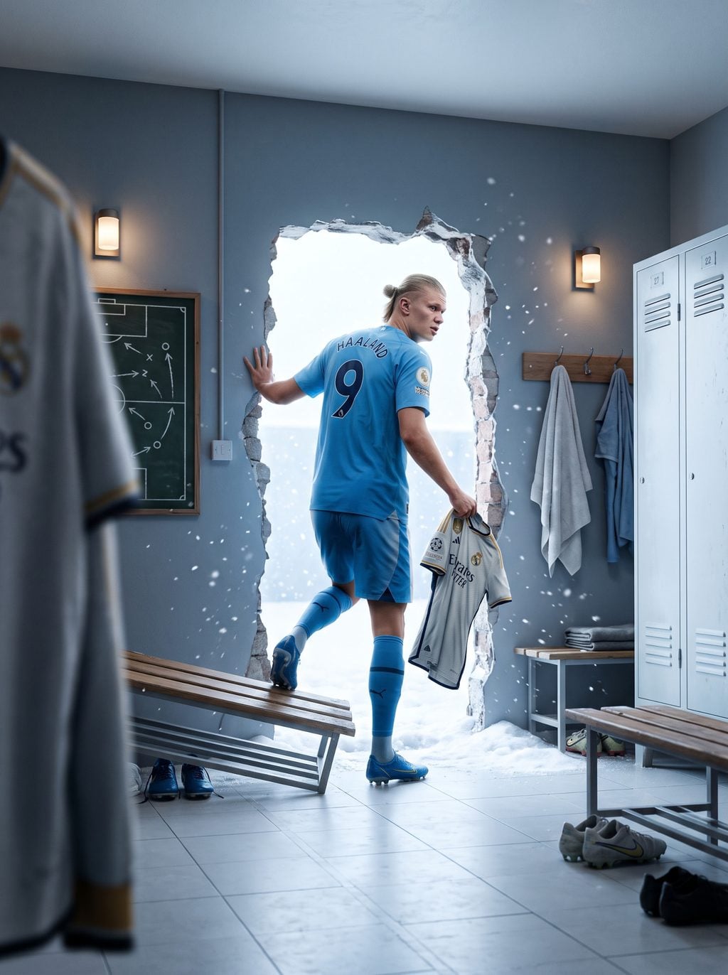 Footballer leaves a snowy locker room through a broken wall carrying a jersey, created with an AI Prompt for ChatGPT and Gemini.