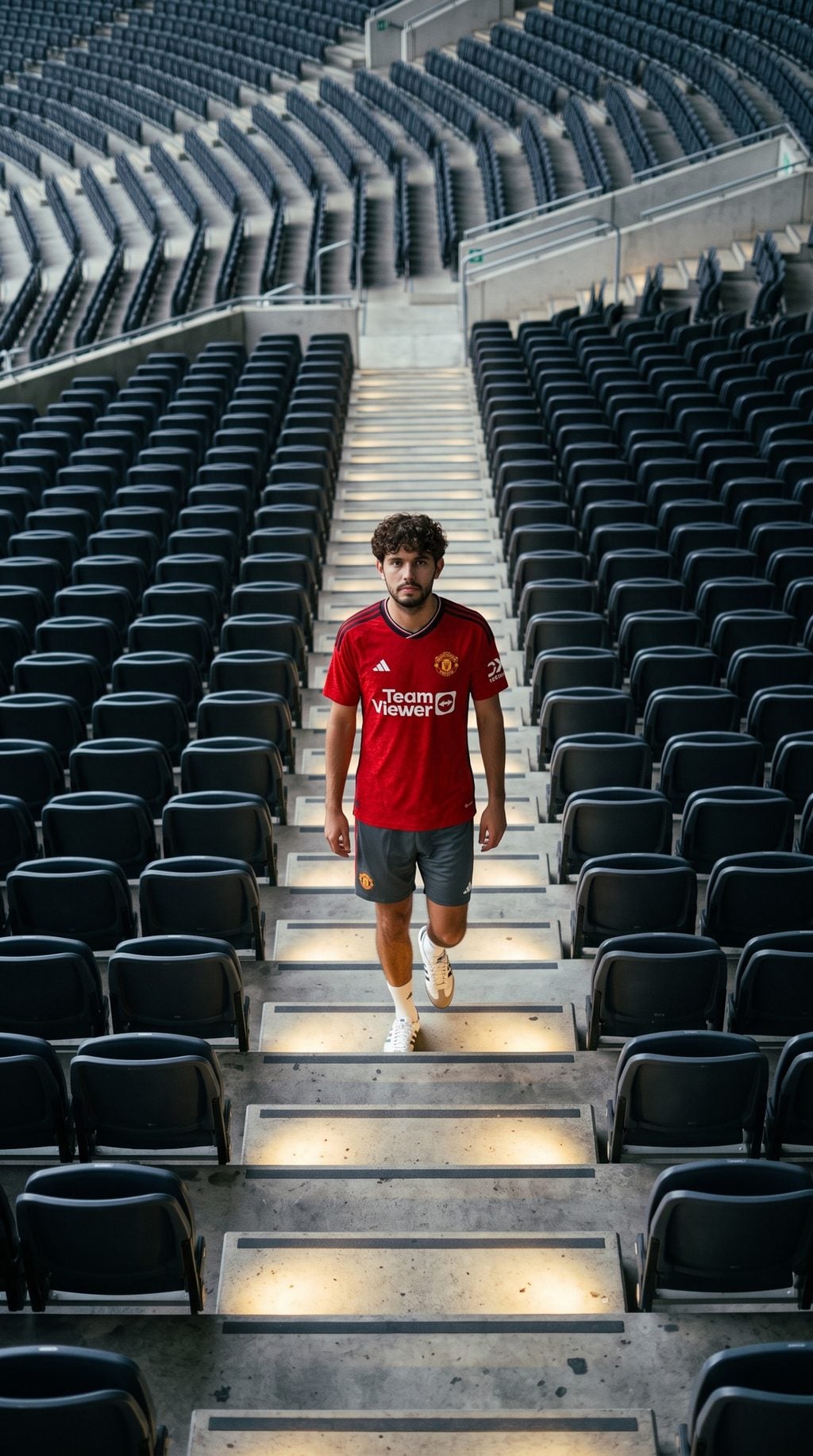 Footballer in a red jersey descends empty stadium stairs between black seats, generated with AI Prompt for ChatGPT and Gemini.
