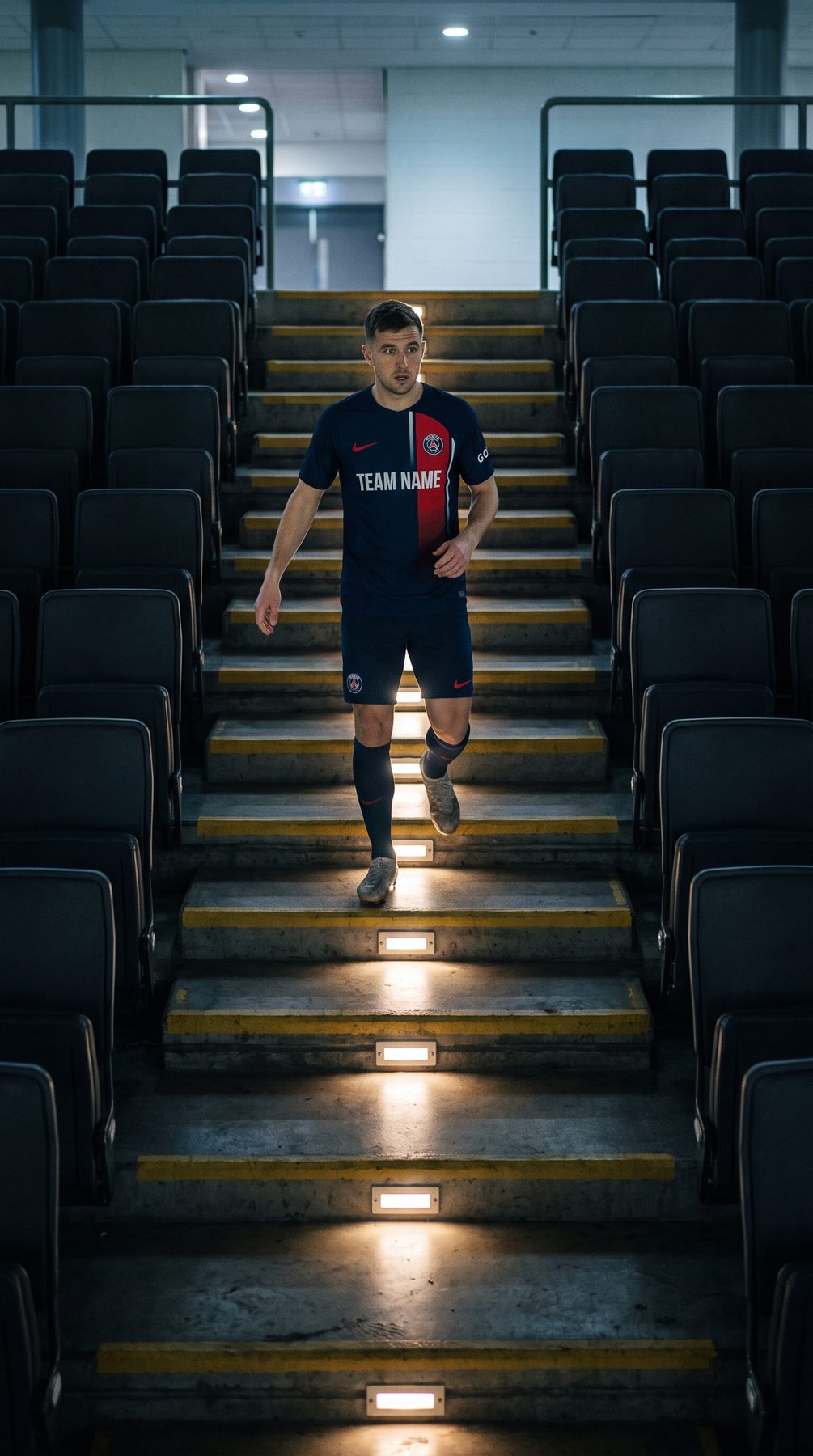 Footballer descends lit stadium stairs between empty seats, a cinematic scene made with an AI Prompt for ChatGPT and Gemini.