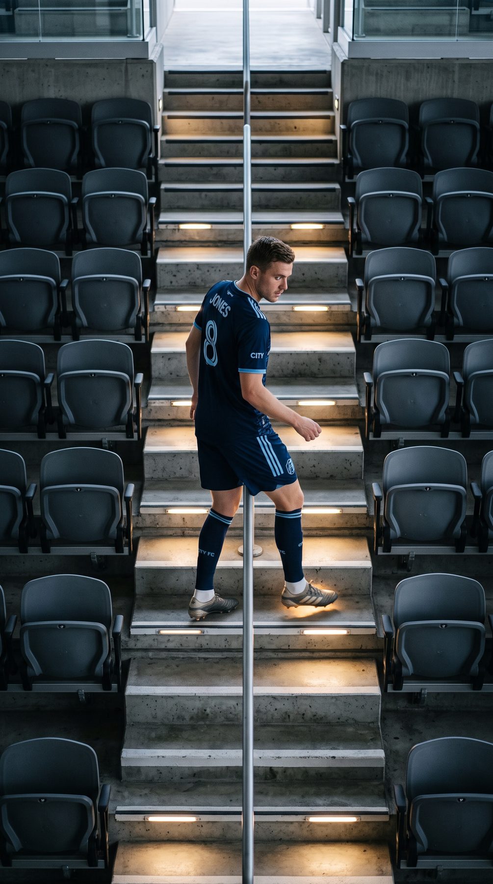 Footballer in blue kit descends lit stadium stairs between empty seats, generated with ChatGPT and Gemini AI Prompt.