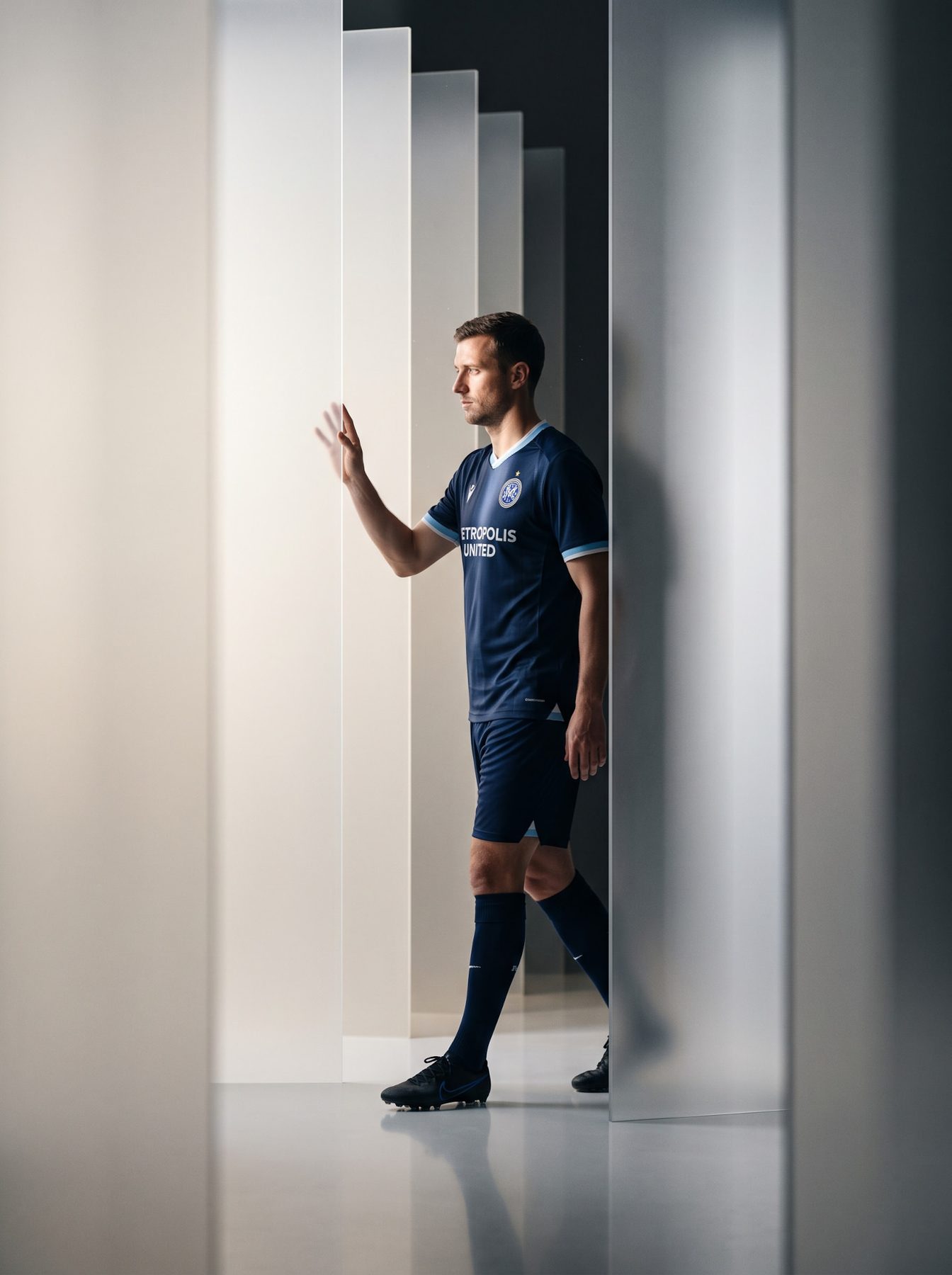Footballer in a navy kit walks between reflective panels in a studio, generated with an AI Prompt for ChatGPT and Gemini.