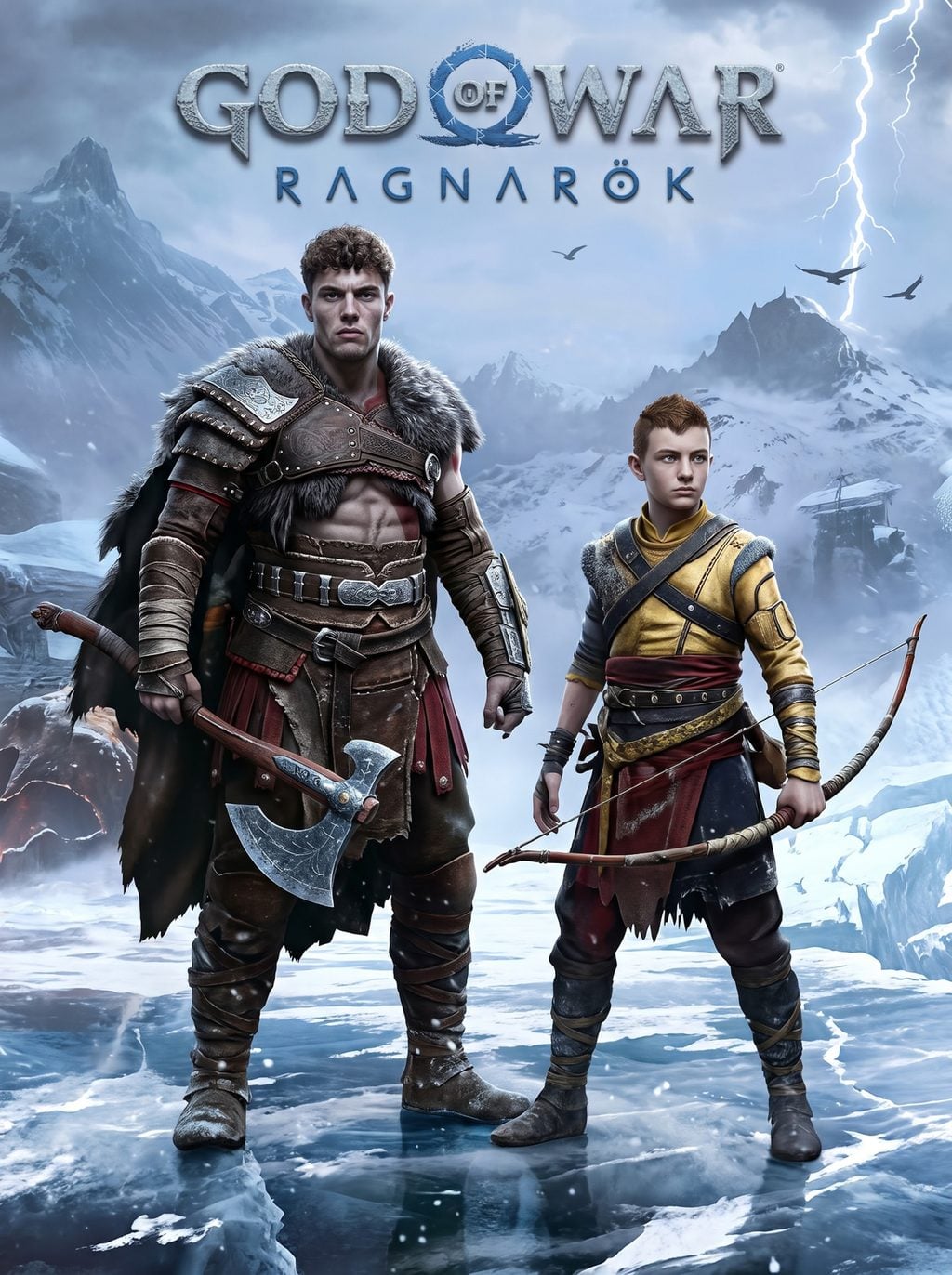 A fur-cloaked Norse warrior with an axe and a young archer stand on ice, generated using a ChatGPT and Gemini AI Prompt.