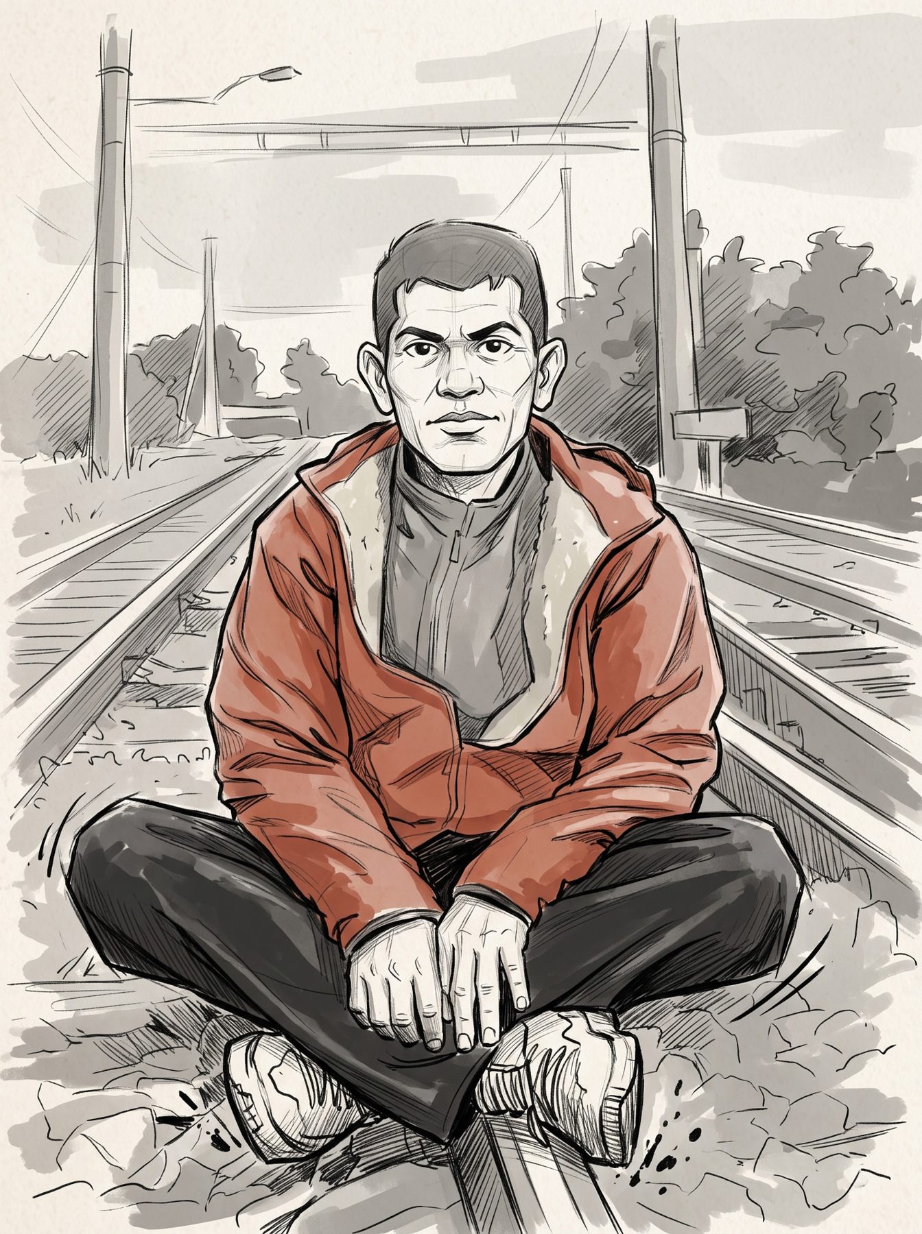 Seated man on railway tracks in a loose ink 2D portrait with muted color, generated using our ChatGPT and Gemini AI Prompt.