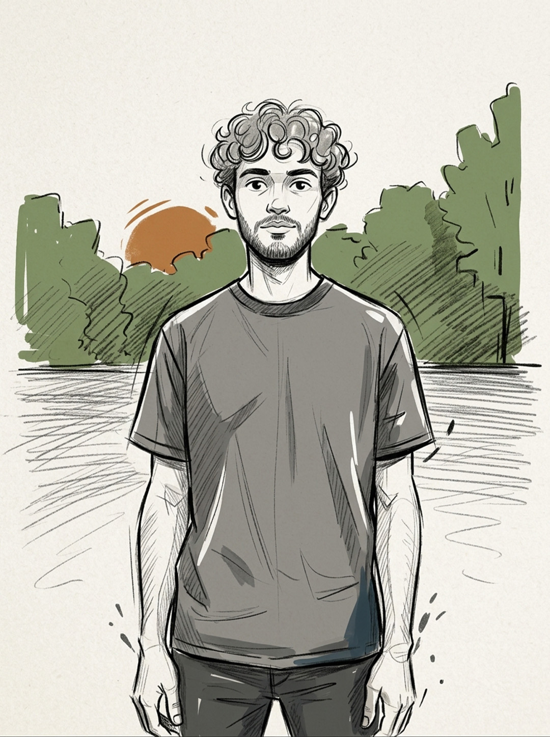 Hand-drawn 2D portrait of a curly-haired man outdoors, created with an AI Prompt designed for ChatGPT and Gemini.