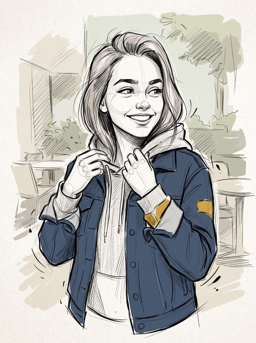 Hand-drawn 2D portrait of a smiling woman in a blue jacket, with loose ink lines, using a ChatGPT and Gemini AI Prompt.