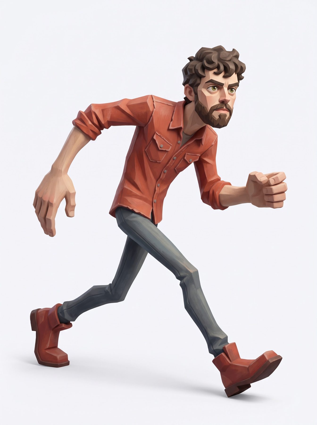 Hand-painted 3D maquette of a bearded man in an orange jacket running, generated using our ChatGPT and Gemini AI Prompt.