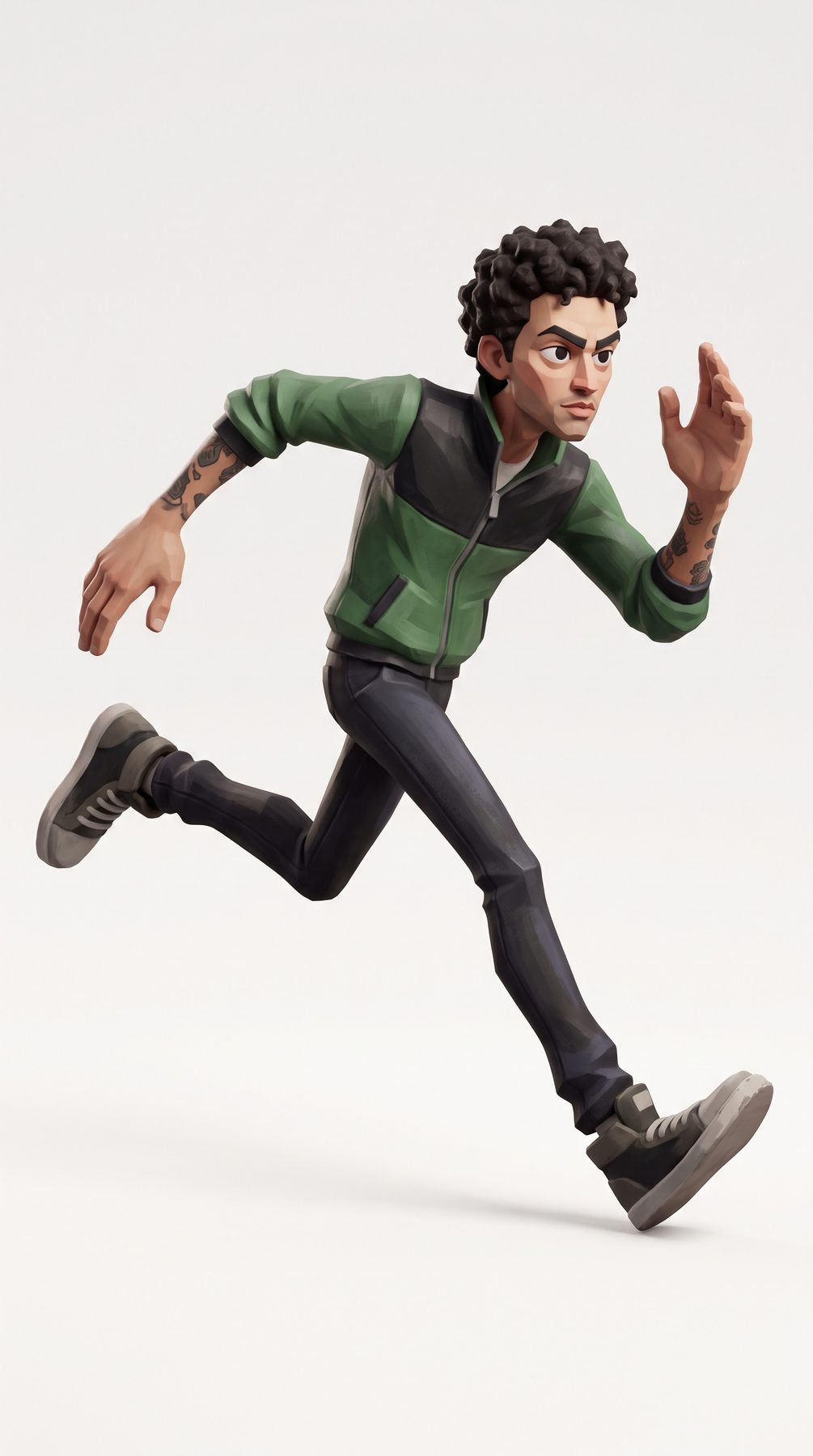 A hand-painted 3D maquette shows a tattooed man running in a green jacket, generated with a ChatGPT and Gemini AI Prompt.