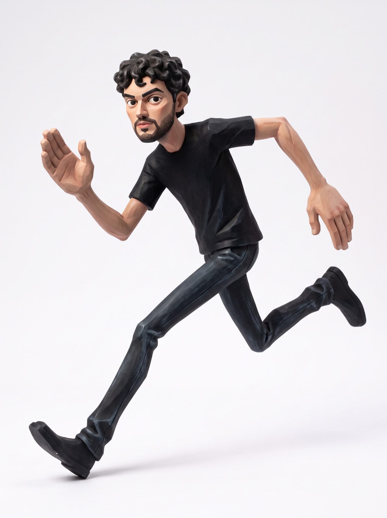Hand-painted 3D maquette art of a bearded man running in black, made using an AI Prompt for ChatGPT and Gemini.