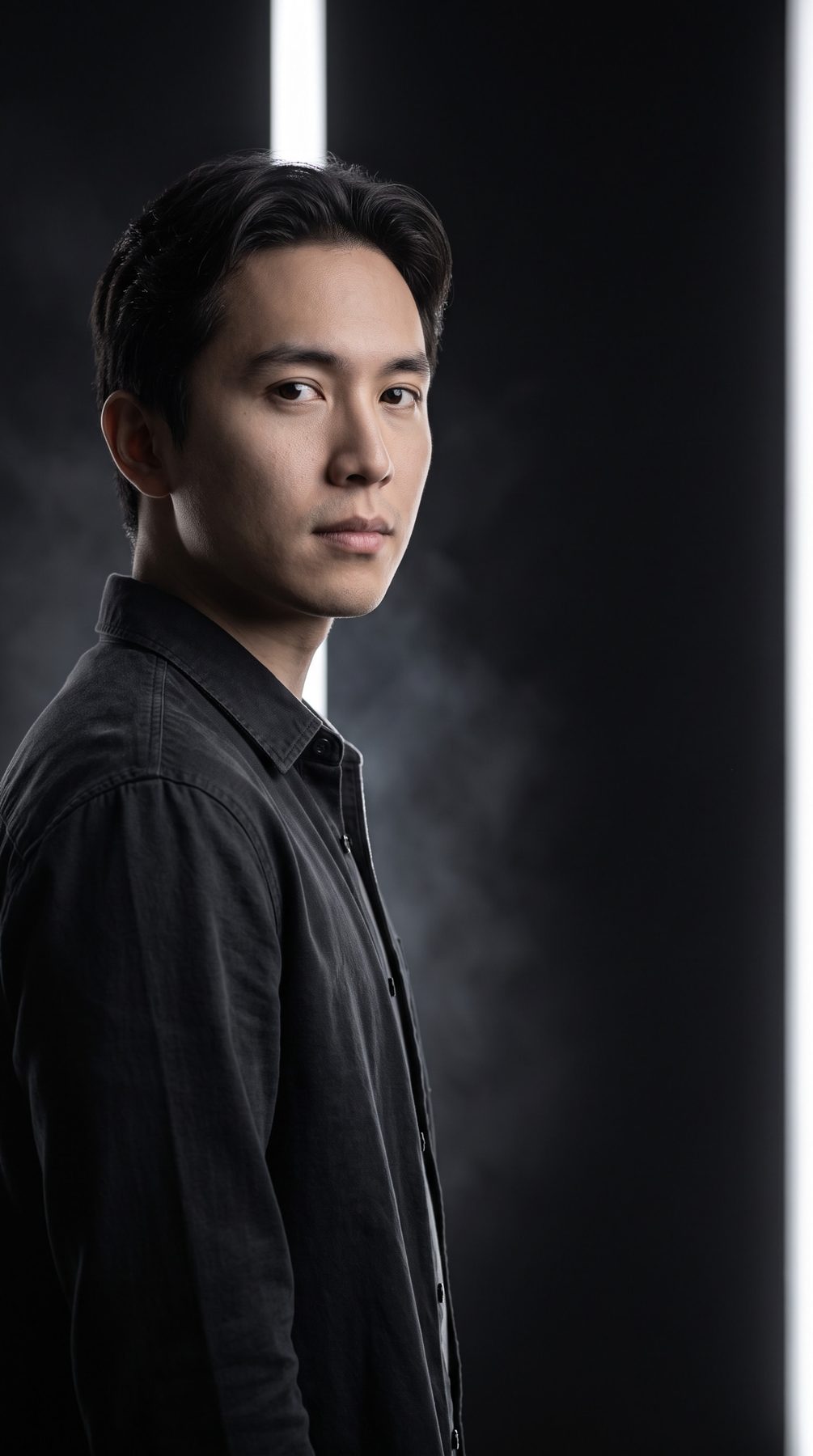 High-contrast studio portrait of a man in black against dark backdrops, created with an AI Prompt for ChatGPT and Gemini.