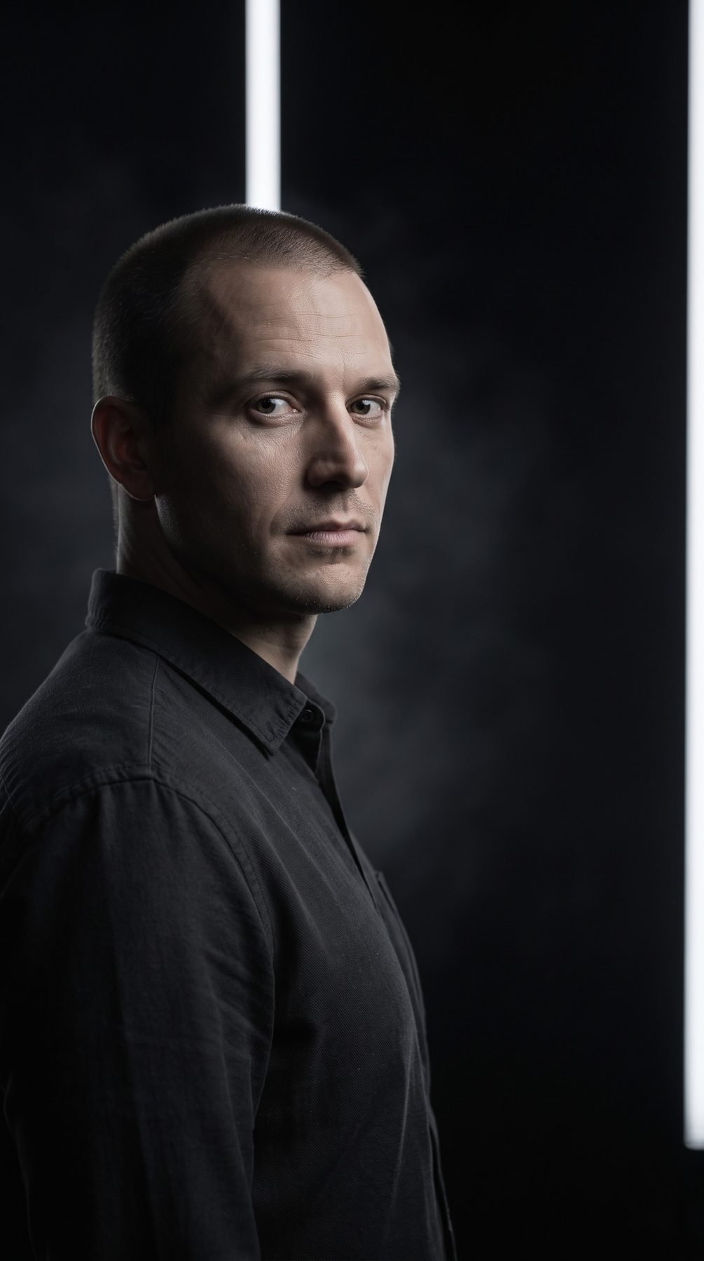 High-contrast male portrait in a dark shirt and studio setting, generated using an AI Prompt for ChatGPT and Gemini.