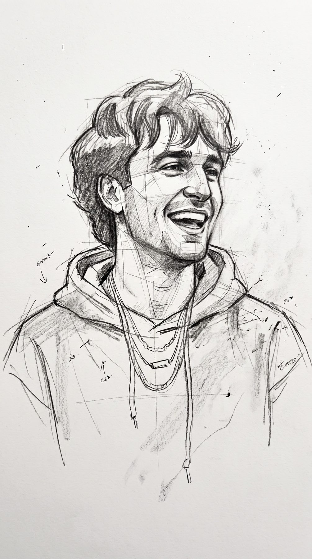 Joyful man laughing in a hoodie, rendered as a loose graphite character portrait AI Prompt for ChatGPT and Gemini.