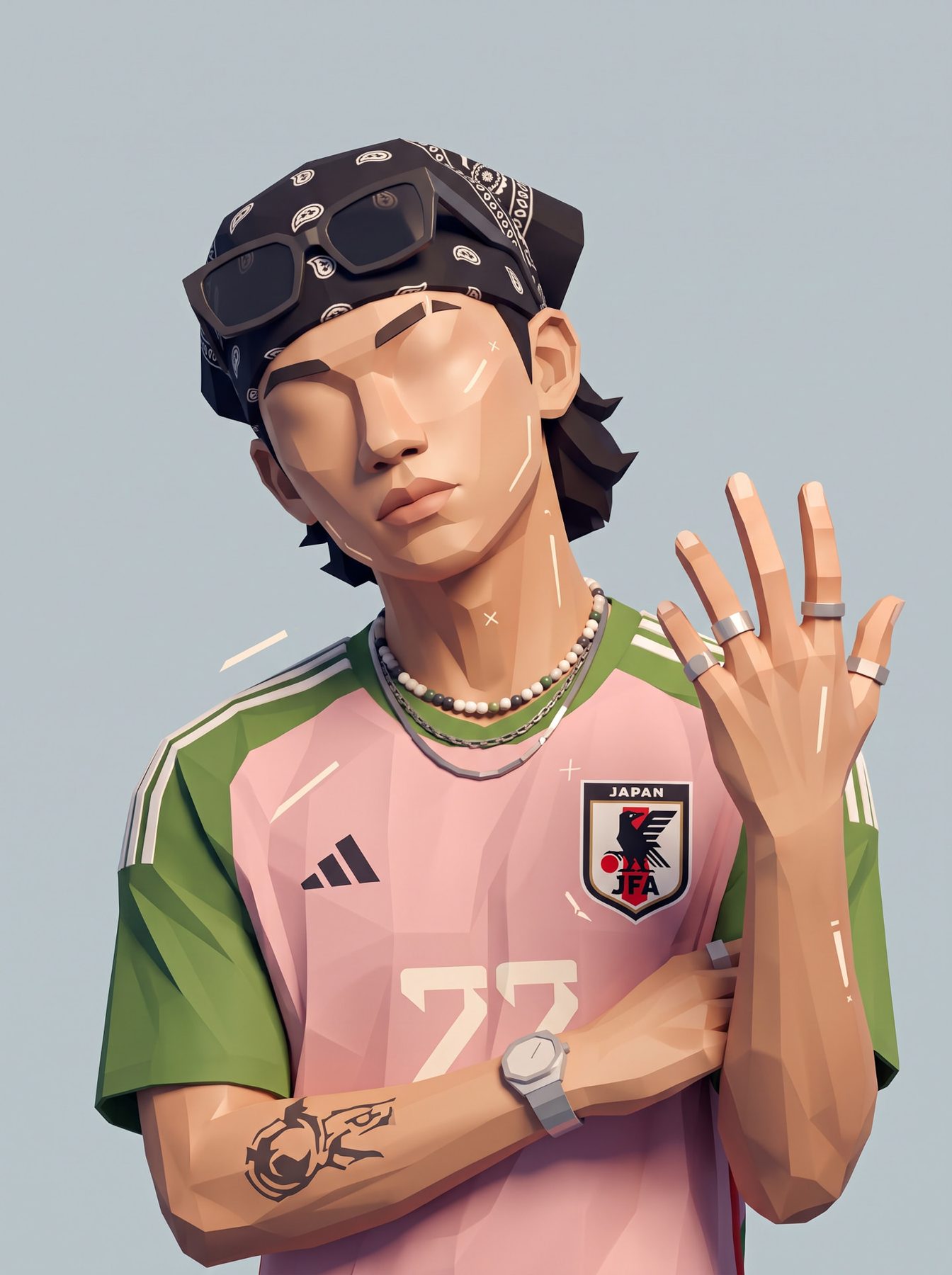 Low-poly portrait of a bearded man in a cap and pink jersey, raising a hand, generated using ChatGPT and Gemini AI Prompt.