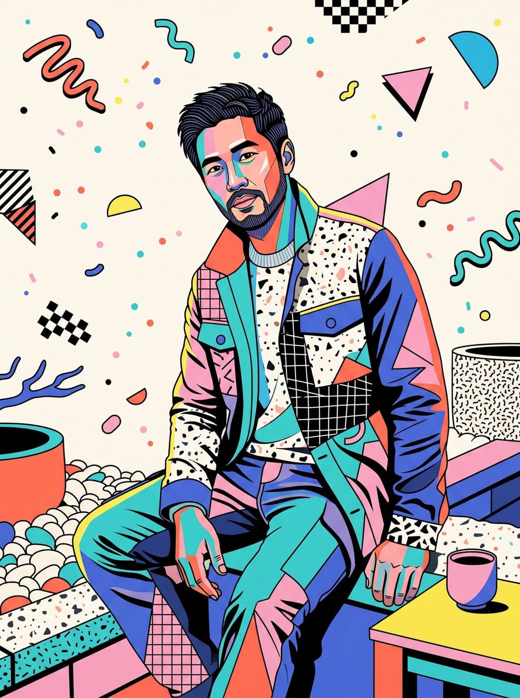 Colorful bearded character working at a desk amid bold Memphis shapes, created with a ChatGPT and Gemini AI Prompt.