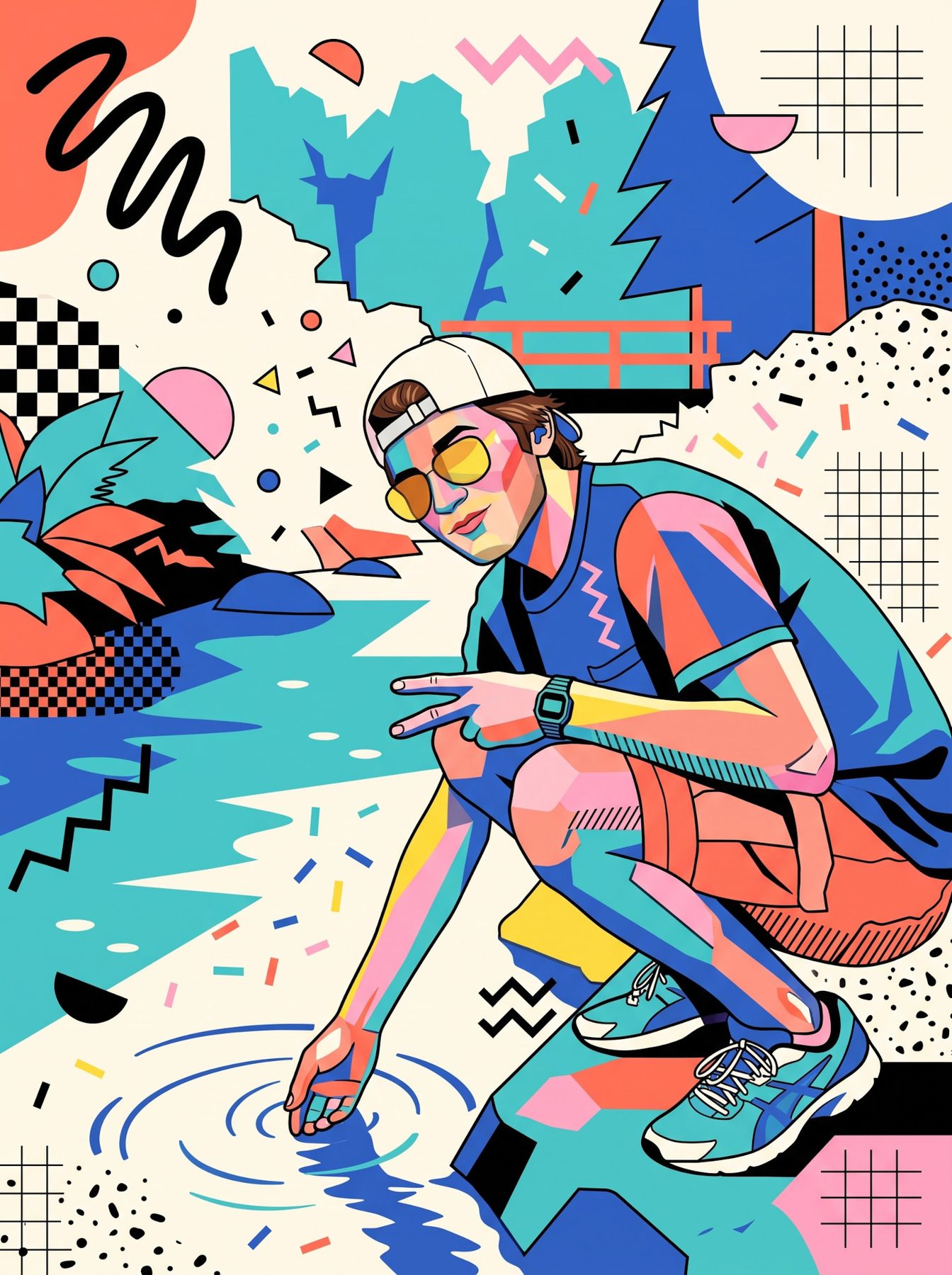 Memphis pop art character in a colorful outfit, surrounded by geometric shapes, made with ChatGPT and Gemini AI Prompt.