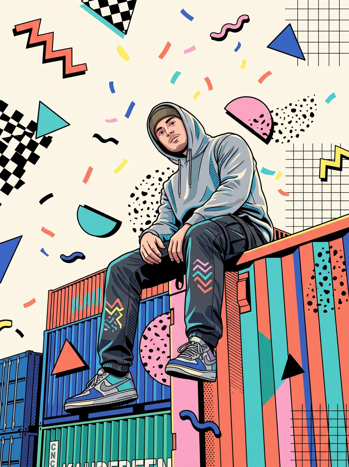 Colorful Memphis pop art character seated among geometric shapes, generated using our ChatGPT and Gemini AI Prompt.
