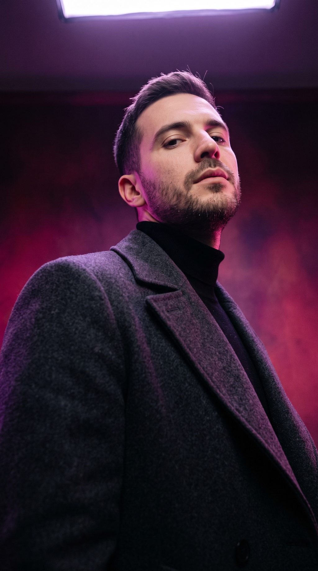 Neon-lit male portrait in a dark coat with purple and pink cinematic lighting, created with AI Prompt for ChatGPT and Gemini.