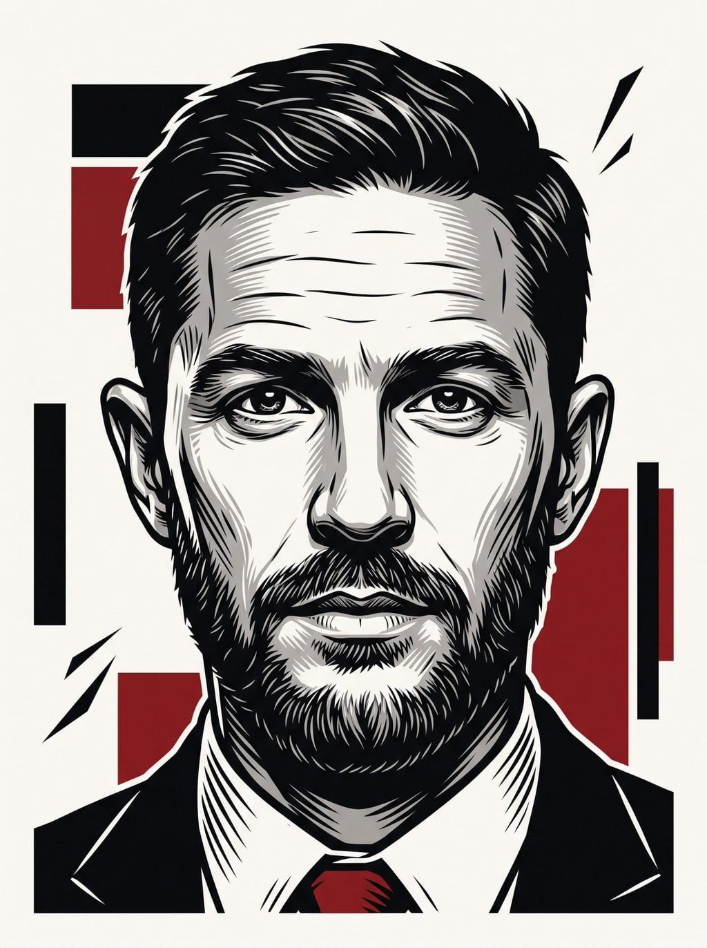 Noir linocut vector art portrait of a smiling man with dark hair, made using an AI Prompt for ChatGPT and Gemini.