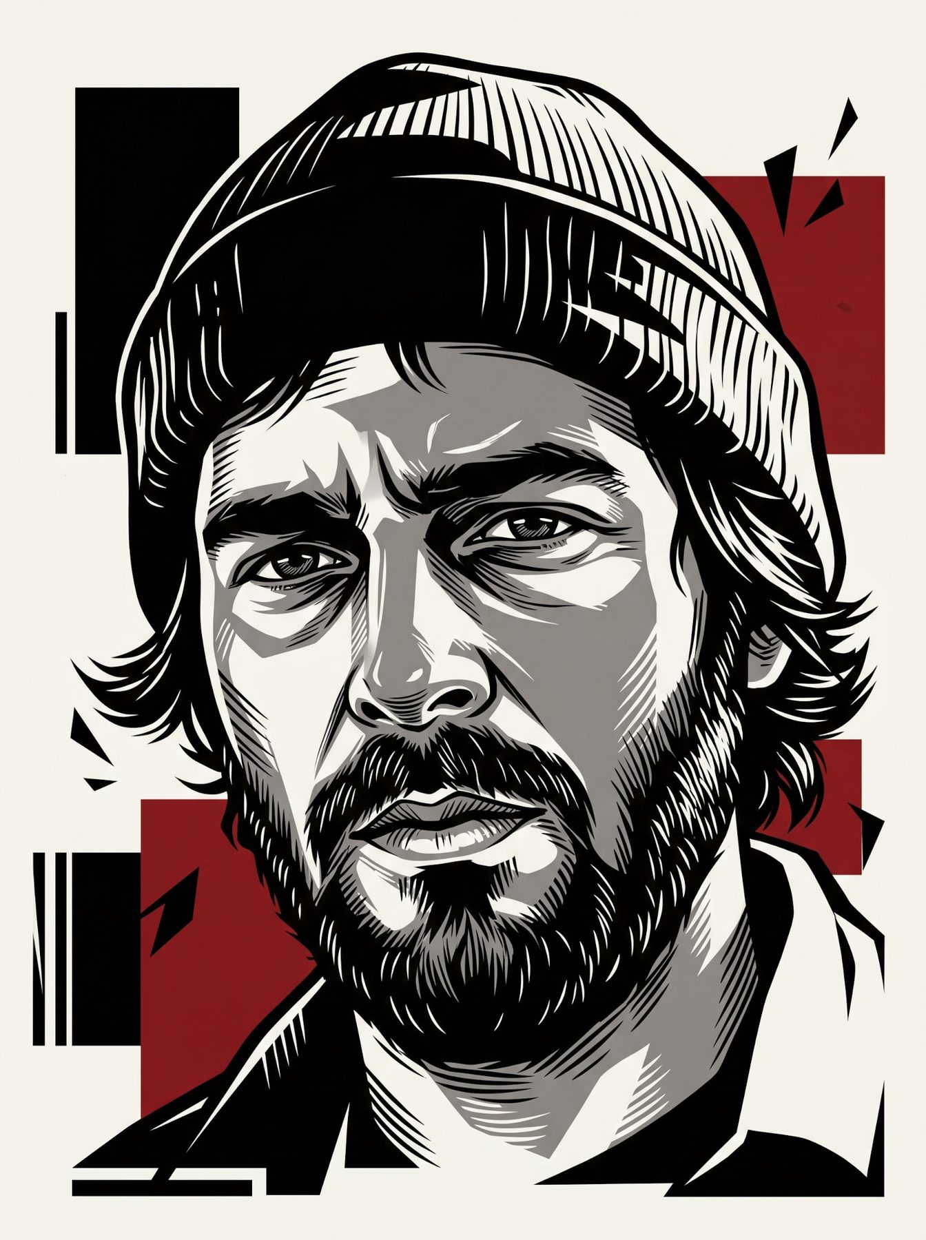 Bold noir linocut portrait of a bearded man in a wide-brim hat, created with an AI Prompt for ChatGPT and Gemini.